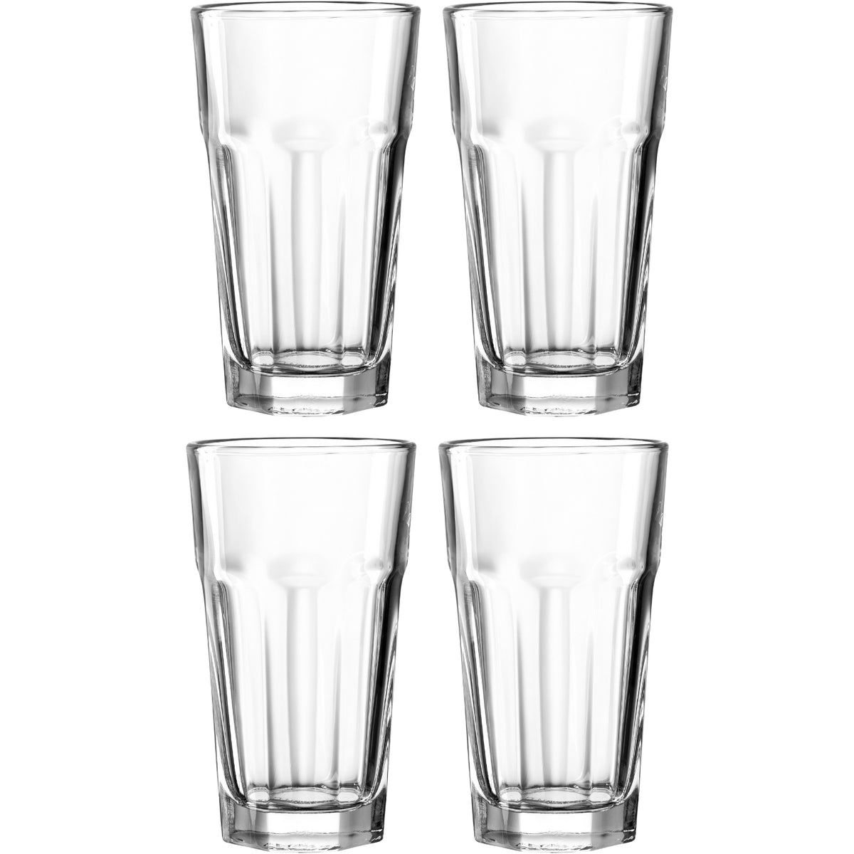 Vier klare Longdrinkgläser ROCK 540 ml in 2x2 Anordnung, Frontalansicht