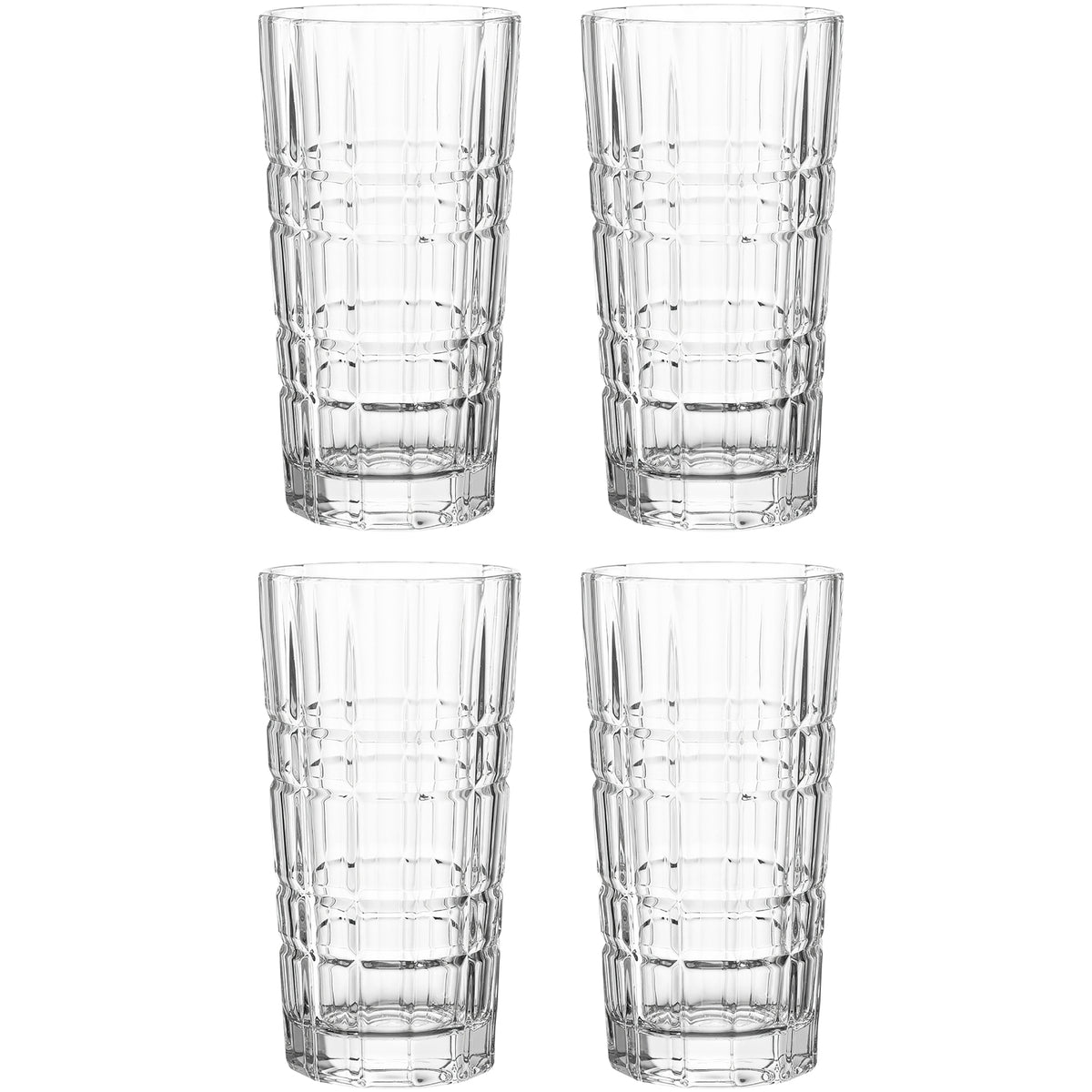 Vier klare Longdrinkgläser SPIRITII mit geometrischem Rillenmuster, von oben arrangiert