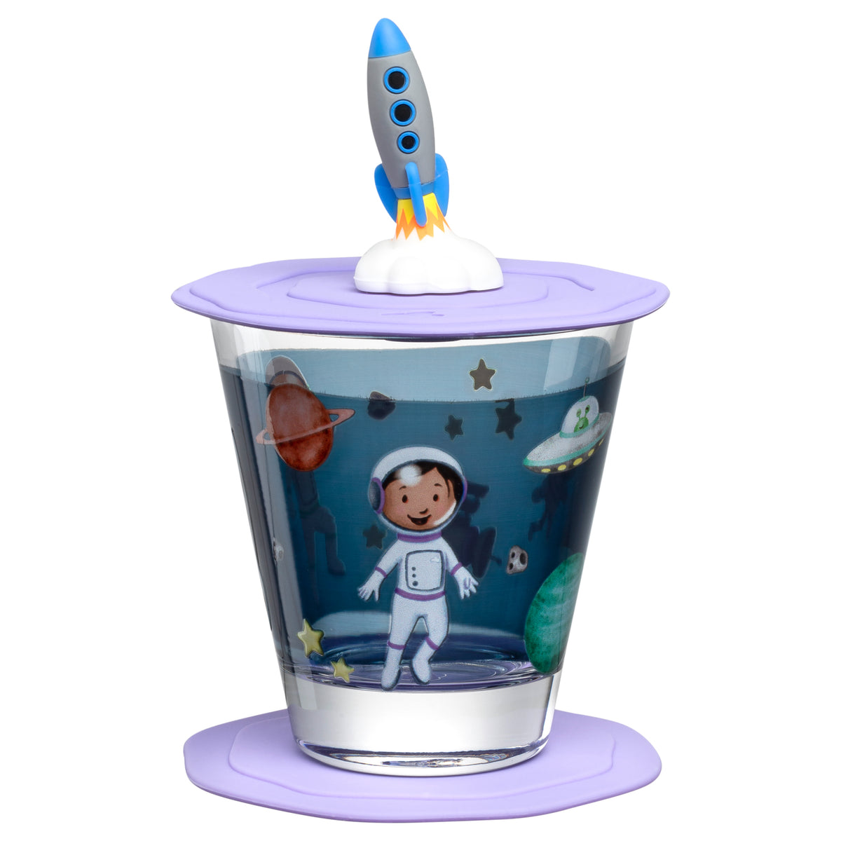 Trinkset BAMBINI AVVENTURA mit Astronaut und Weltall-Motiven, lila Deckel mit Rakete