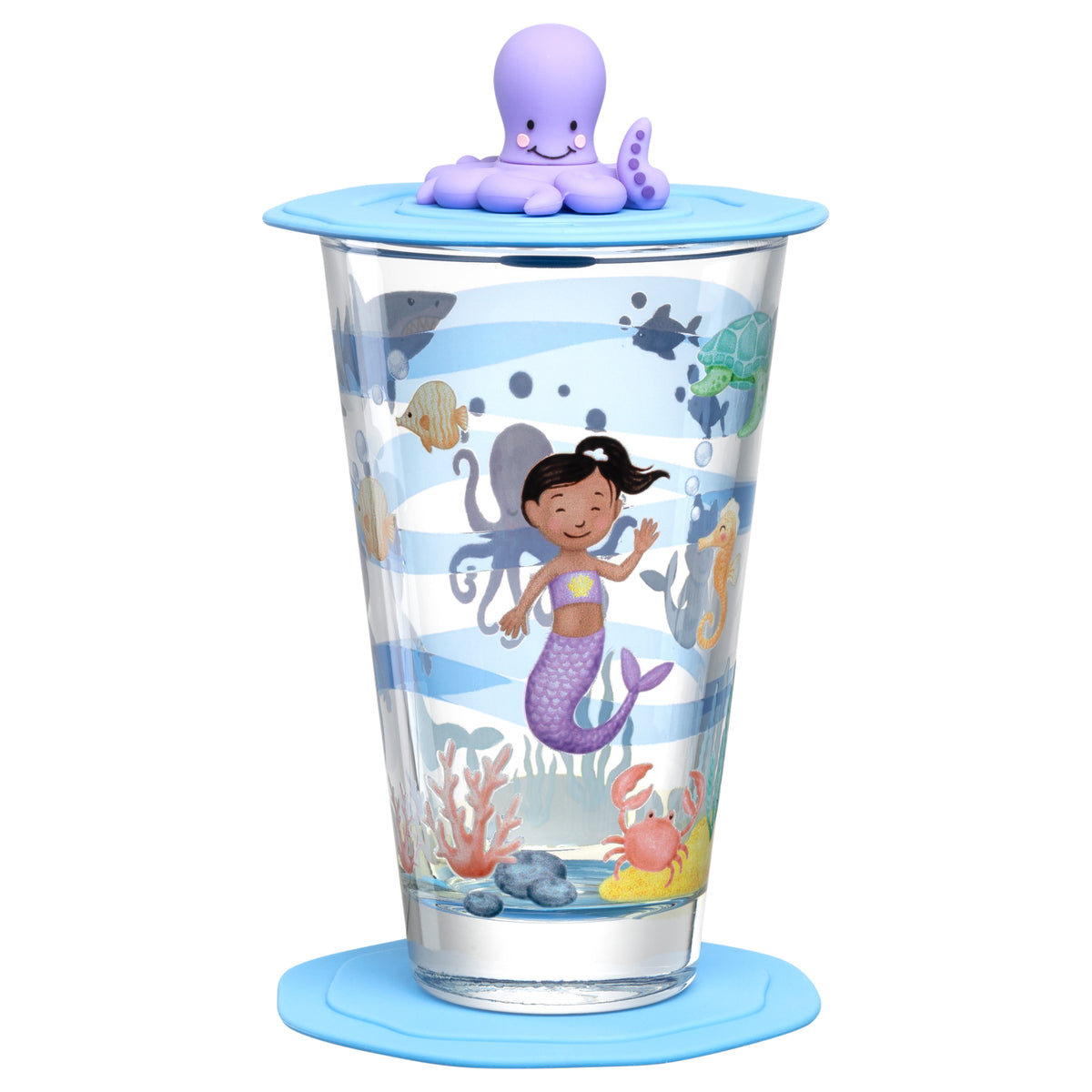 Trinkset BAMBINI AVVENTURA mit Meermotiv, Glasbecher mit Meerjungfrau und Oktopus-Deckel
