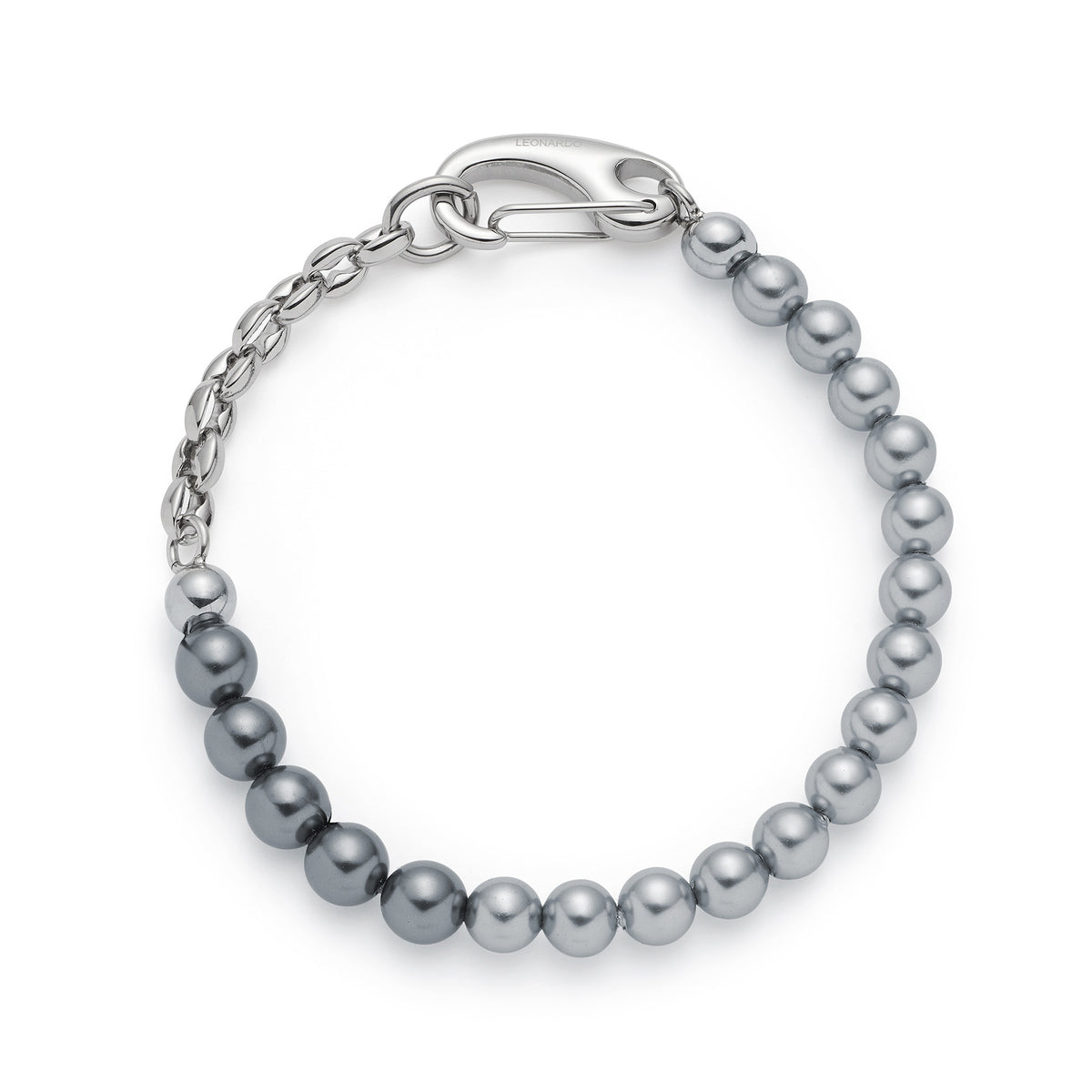 Armband DOMINIQUE mit grauen Perlen und Edelstahlkette auf weißem Hintergrund