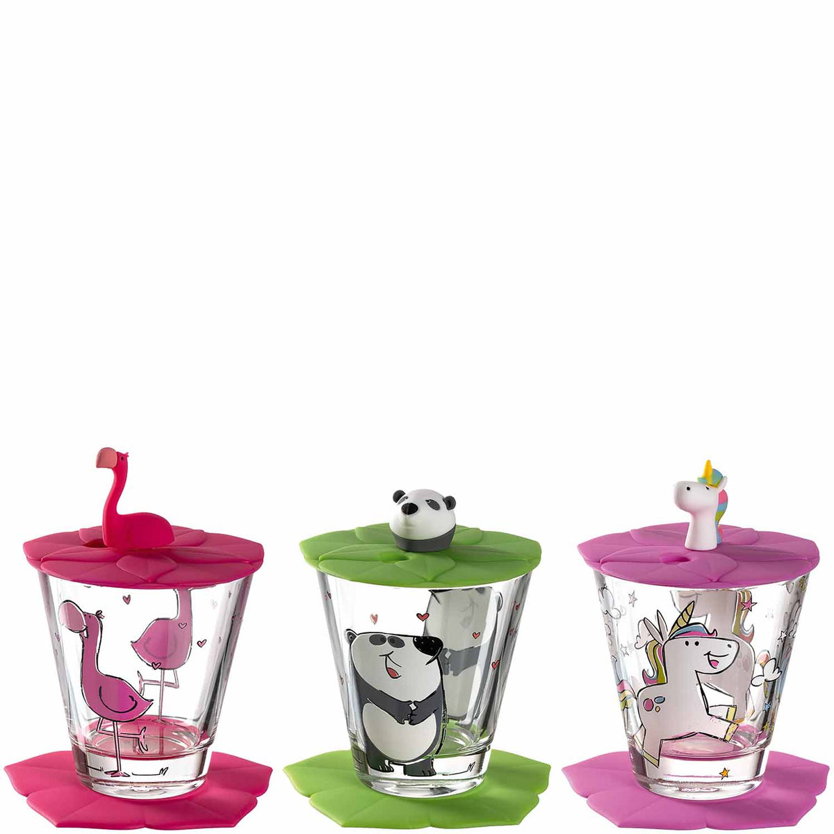 Kindertrinkset BAMBINI mit drei Gläsern, Flamingo-, Panda- und Einhornmotiven mit farbigen Deckeln