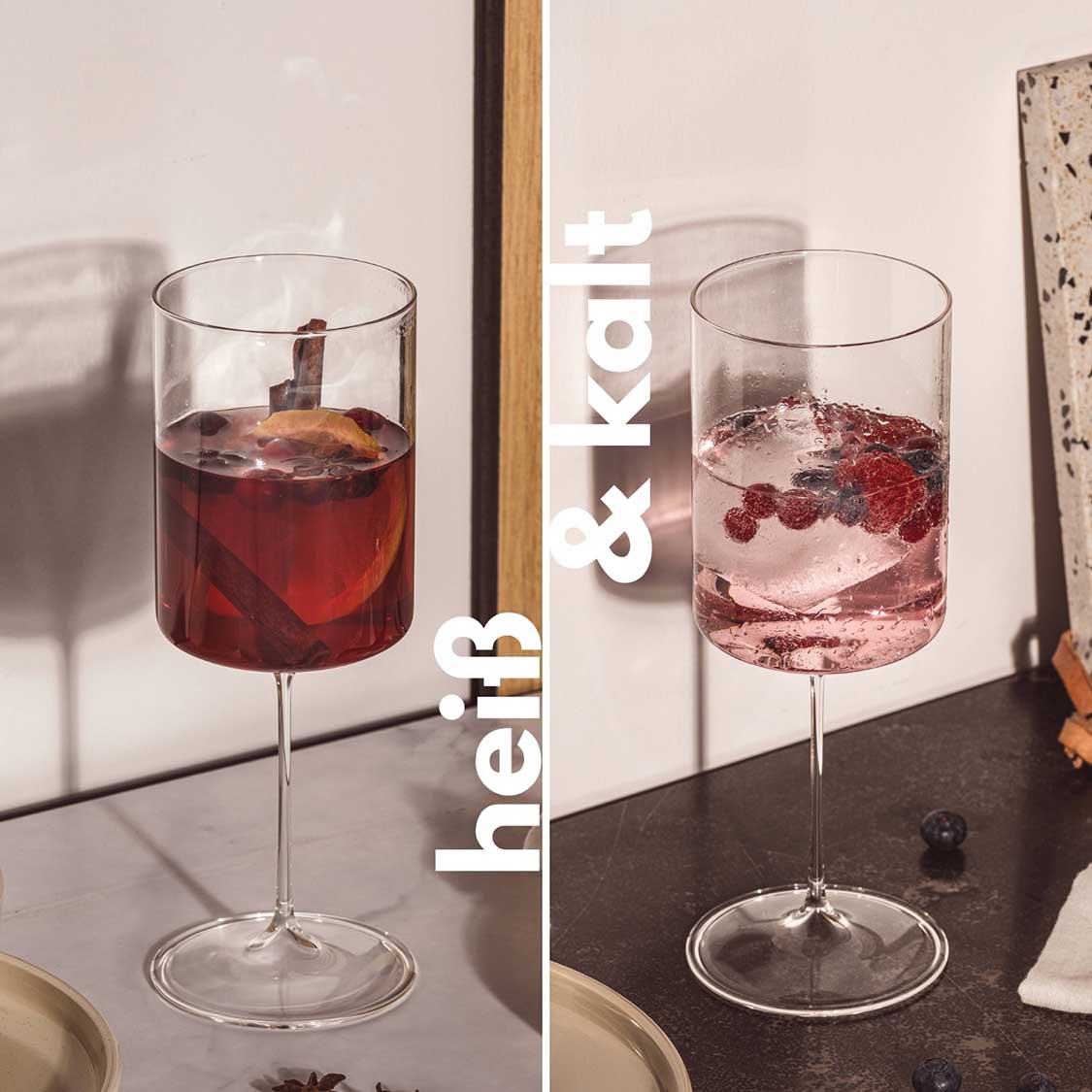 Kelchglas BASSO 510 ml 2er-Set mit Getränken auf Tisch, Vorher-Nachher-Vergleich