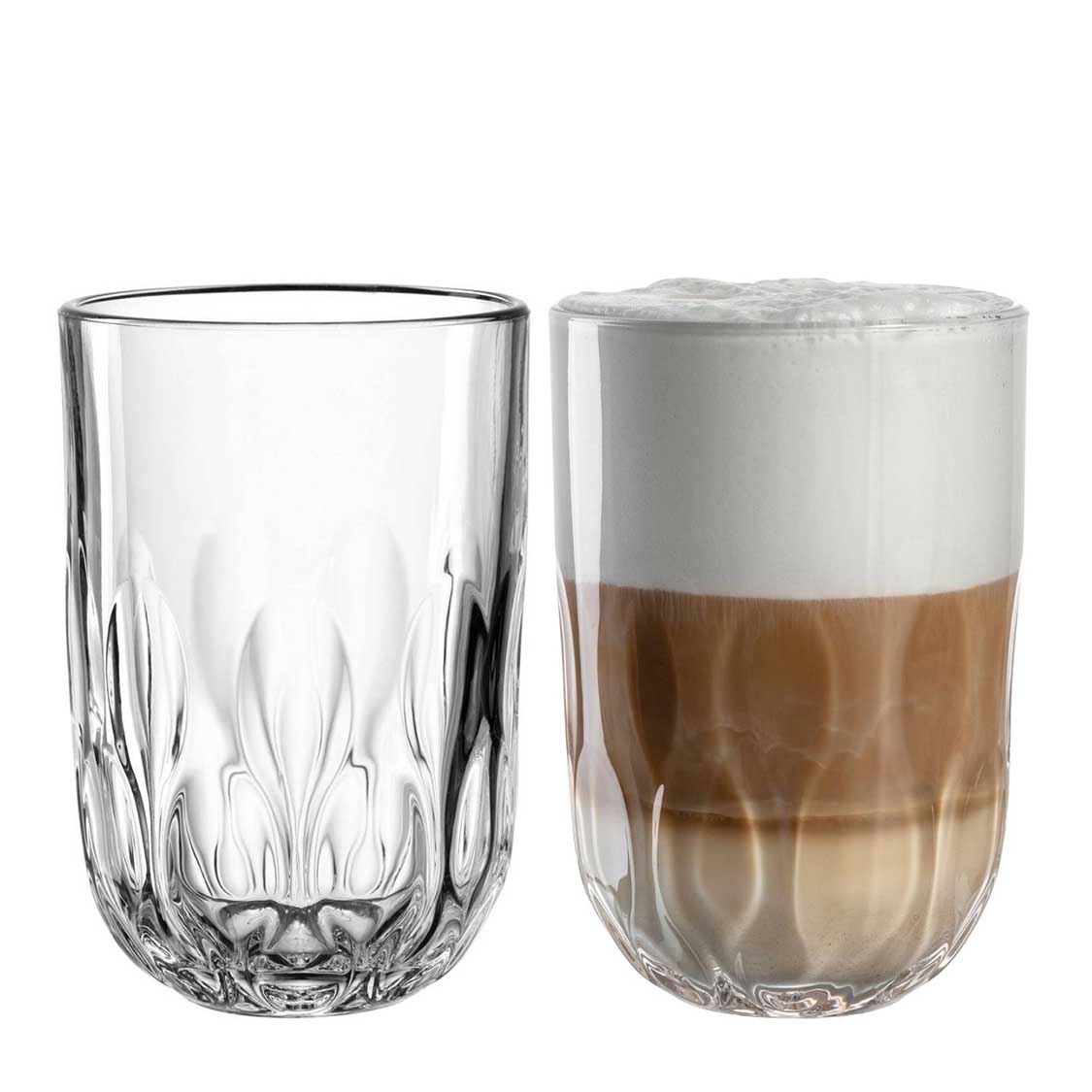 Latte Macchiato Glas GOCCE 380ml 2er-Set, eines leer, eines gefüllt mit Kaffee und Milchschaum