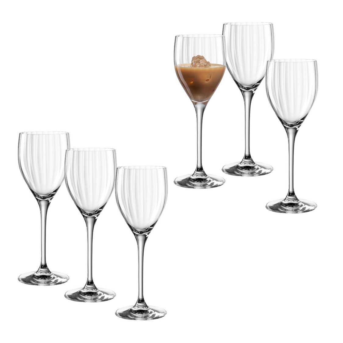 Likörglas POESIA 190 ml 6er-Set, eines mit braunem Inhalt, arrangiert in zwei Gruppen