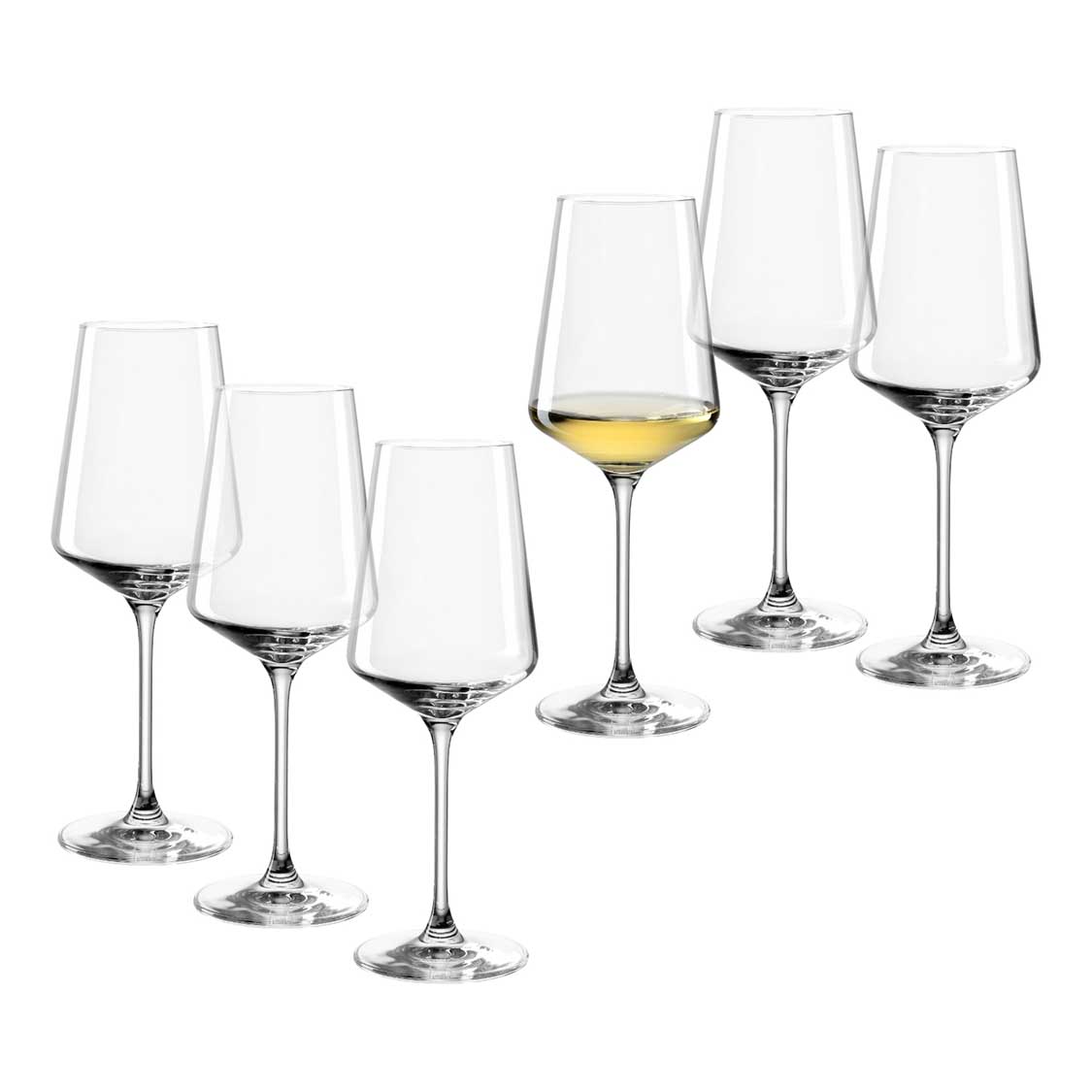 Sechs klare Rieslingglaeser PUCCINI, eines mit gelblichem Inhalt, in Reihe angeordnet