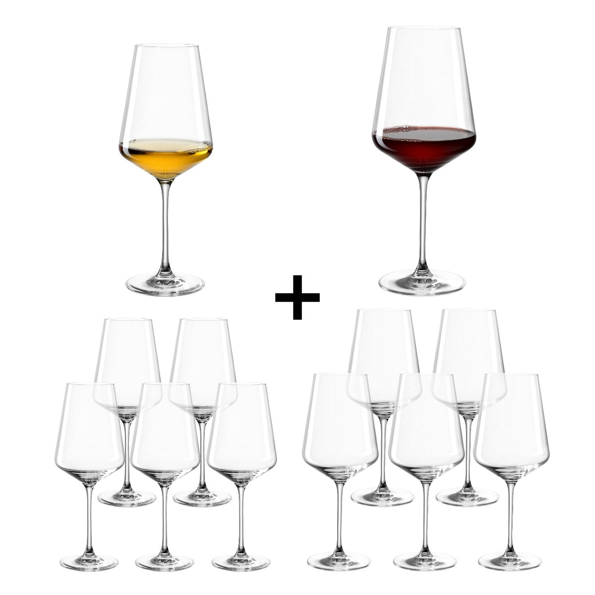 PUCCINI Rotweinglas und Weißweinglas 12er-Set, gefüllt und leer dargestellt