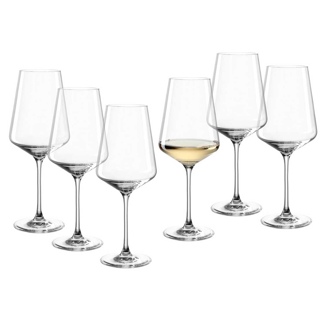 Weißweinglas PUCCINI 560 ml 6er-Set in klarem Glas, eines gefüllt mit Weißwein