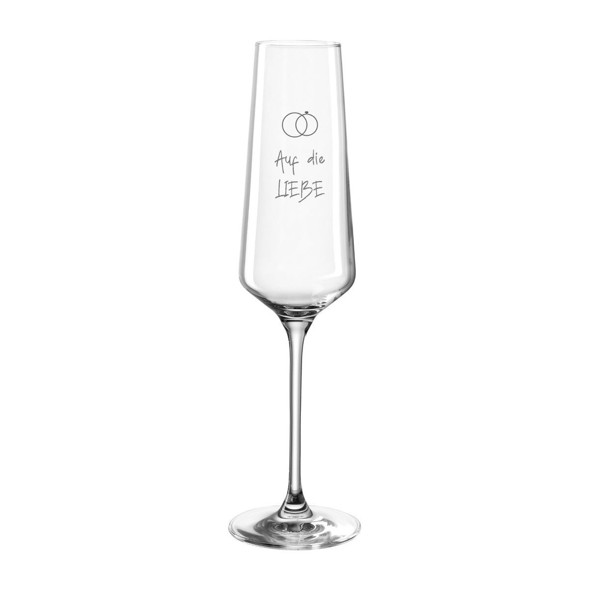 Sektglas PUCCINI mit Gravur "Auf die Liebe" und Trauringen
