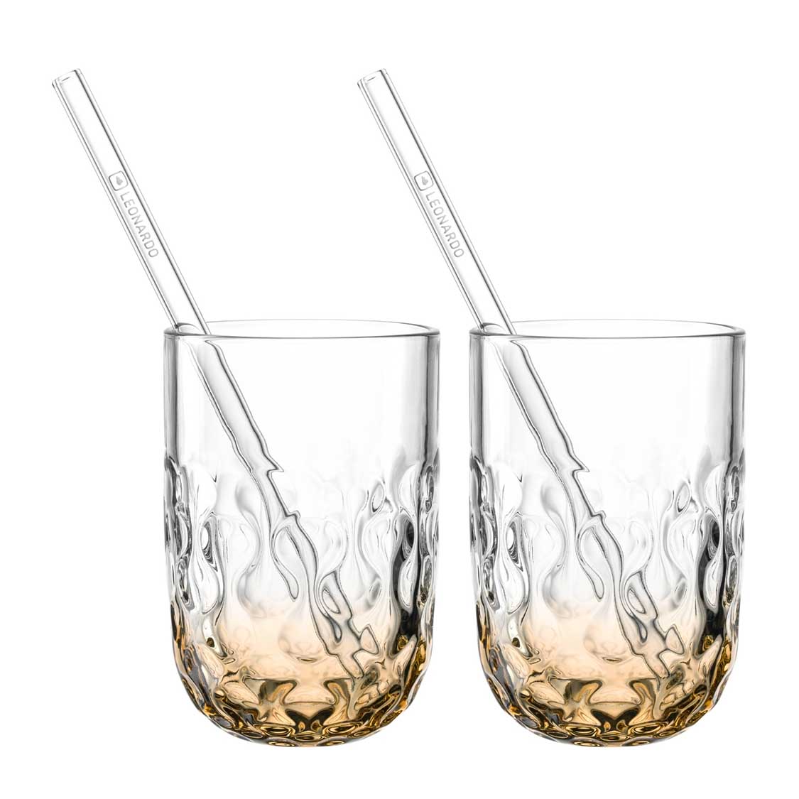 Zwei Caramel Macchiato Gläser GOCCE mit Glastrinkhalmen, gefüllt mit gelblicher Flüssigkeit