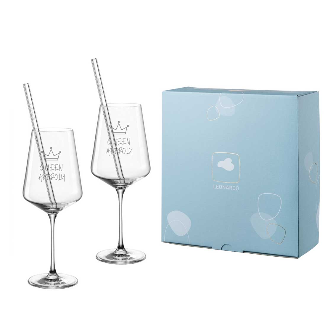 Weißweinglas Geschenkset PUCCINI mit zwei Gläsern, Trinkhalmen und blauer Verpackungsbox