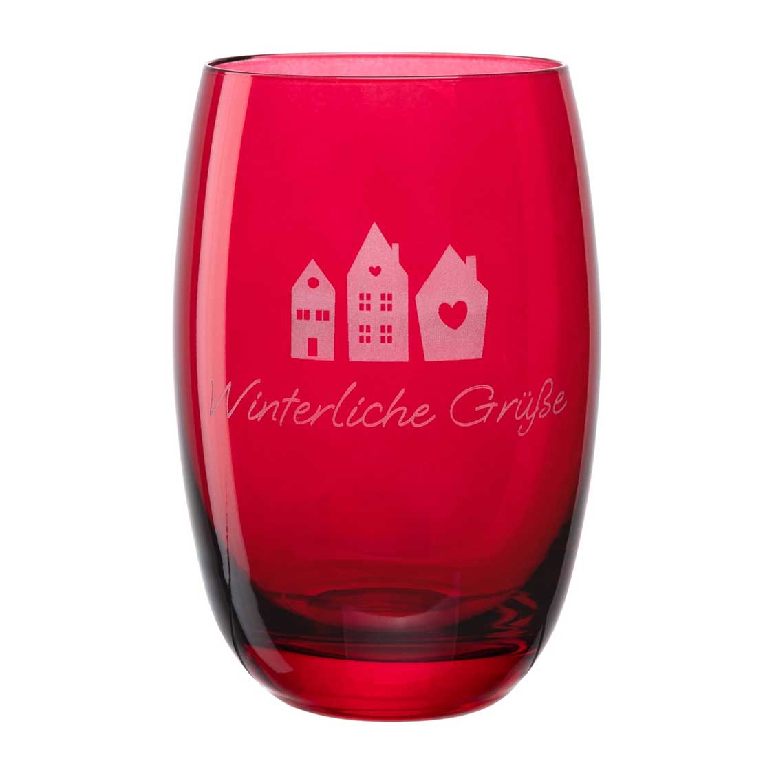 Rotes Tischlicht CHEERS aus Glas mit Gravur Häuser und "Winterliche Grüße
