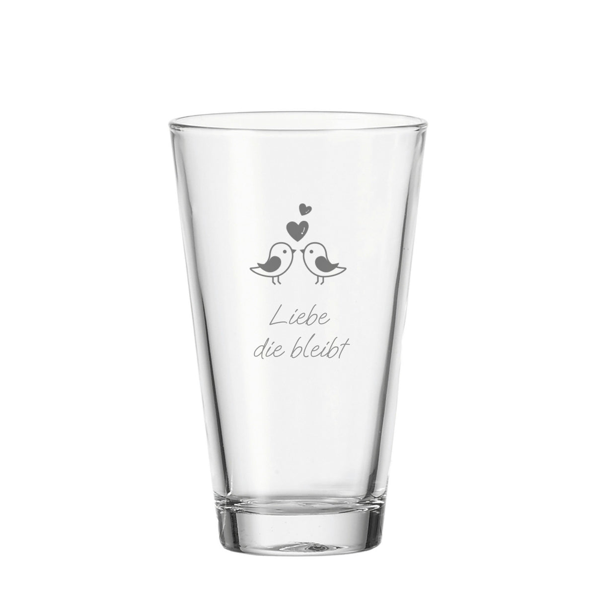Trinkglas CIAO mit Gravur zweier Vögel und Herzen sowie Text "Liebe die bleibt