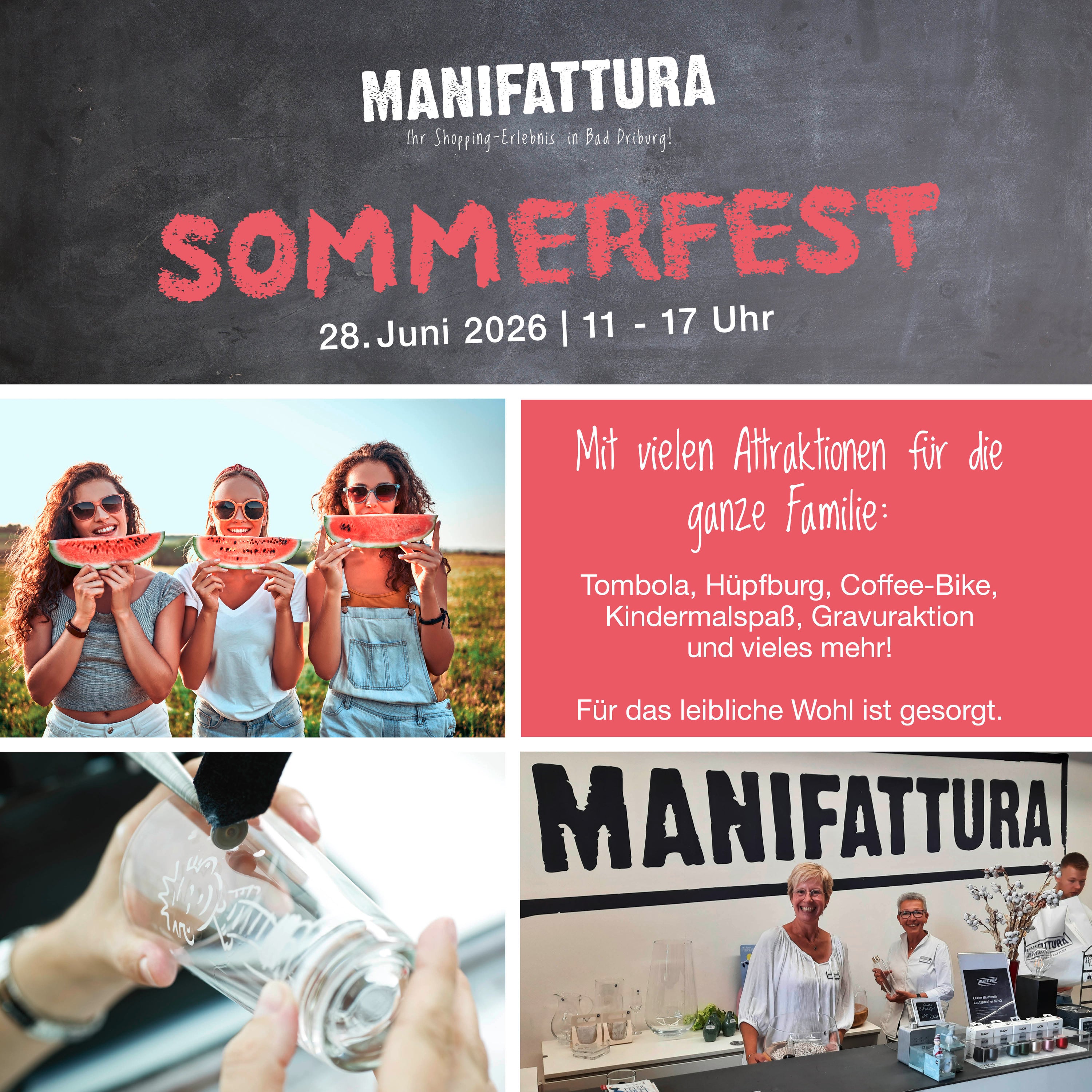 MANIFATTURA SOMMERFEST 28. Juni 2026 11 - 17 Uhr. Familien mit Attraktionen wie Tombola, Hüpfburg und Coffee-Bike. Bilder zeigen lachende Mädchen mit Wassermelone, Wasserglas und Manifattura-Messestand
