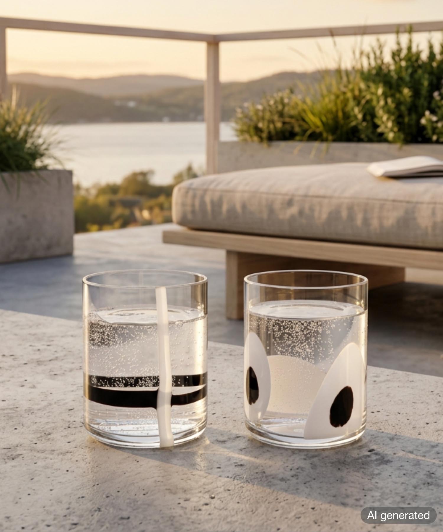 Zwei elegante Gläser mit geometrischen Designs auf Terrasse, Seepanorama und Berge im Hintergrund, sommerliche Atmosphäre