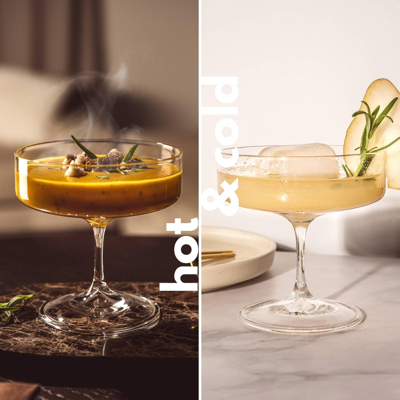 Zwei elegante Cocktailschalen mit warmem und kaltem Getränk, verfeinert mit Kräutern und Früchten, stehen nebeneinander, begleitet vom Schriftzug „hot & cold“.