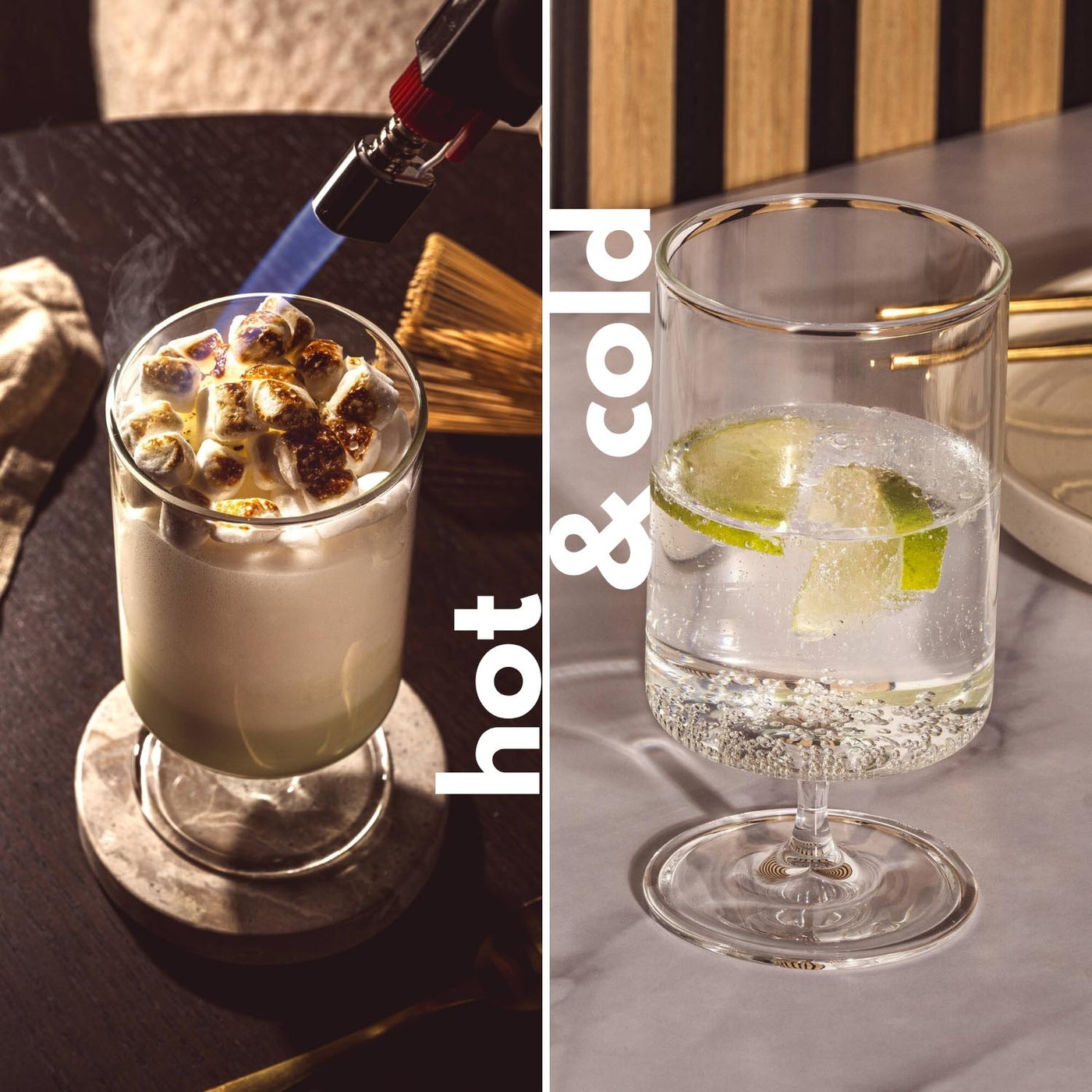 Ein warmes Getränk mit gerösteten Marshmallows und ein kühles Getränk mit Limette und Eiswürfeln stehen in Gläsern nebeneinander, begleitet vom Schriftzug „hot & cold“.