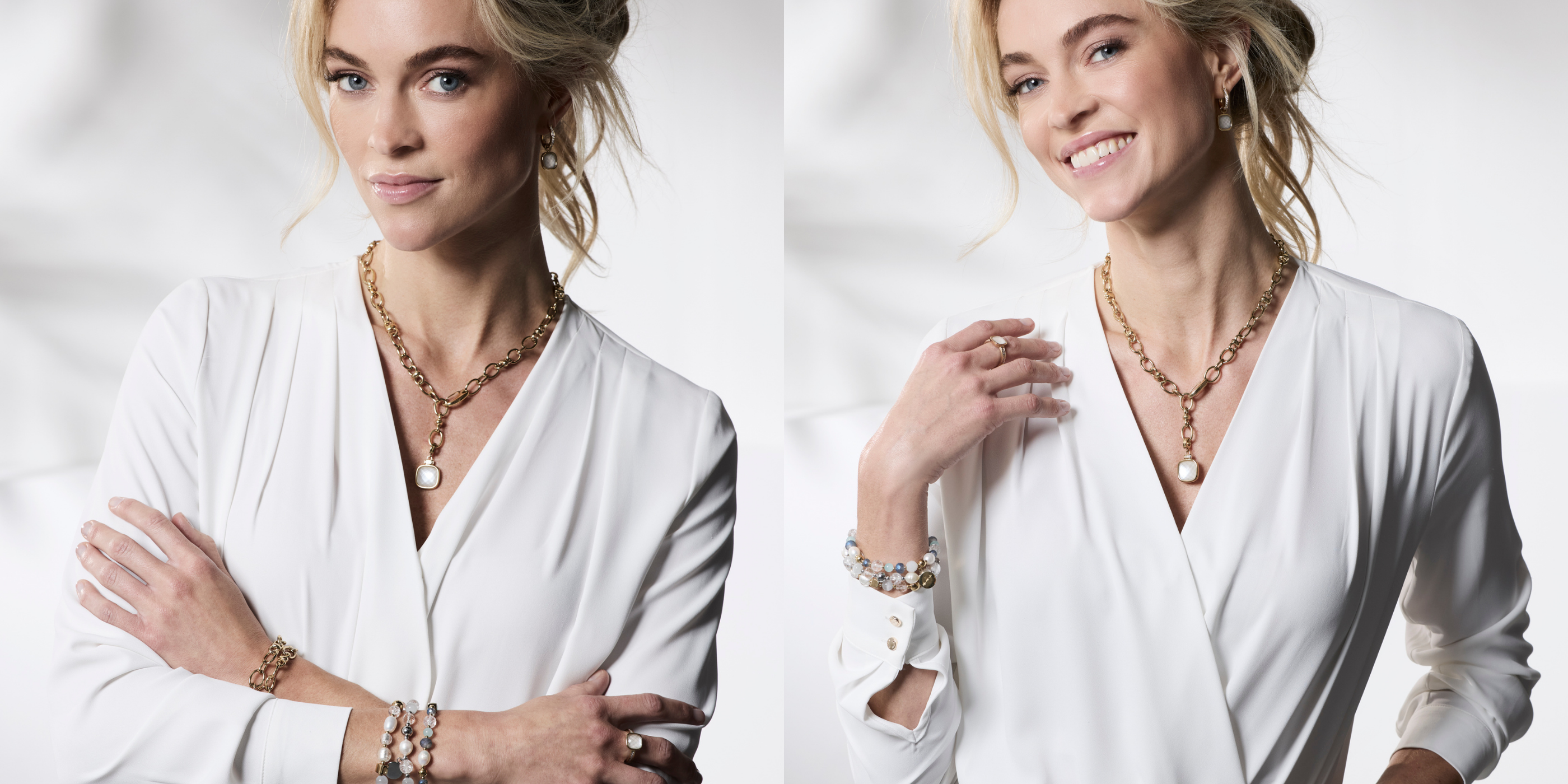 Frau trägt weiße Bluse und goldenen Schmuck aus der Charity Collection von Leonardo Jewels by Mauritia Mack, zwei Ansichten