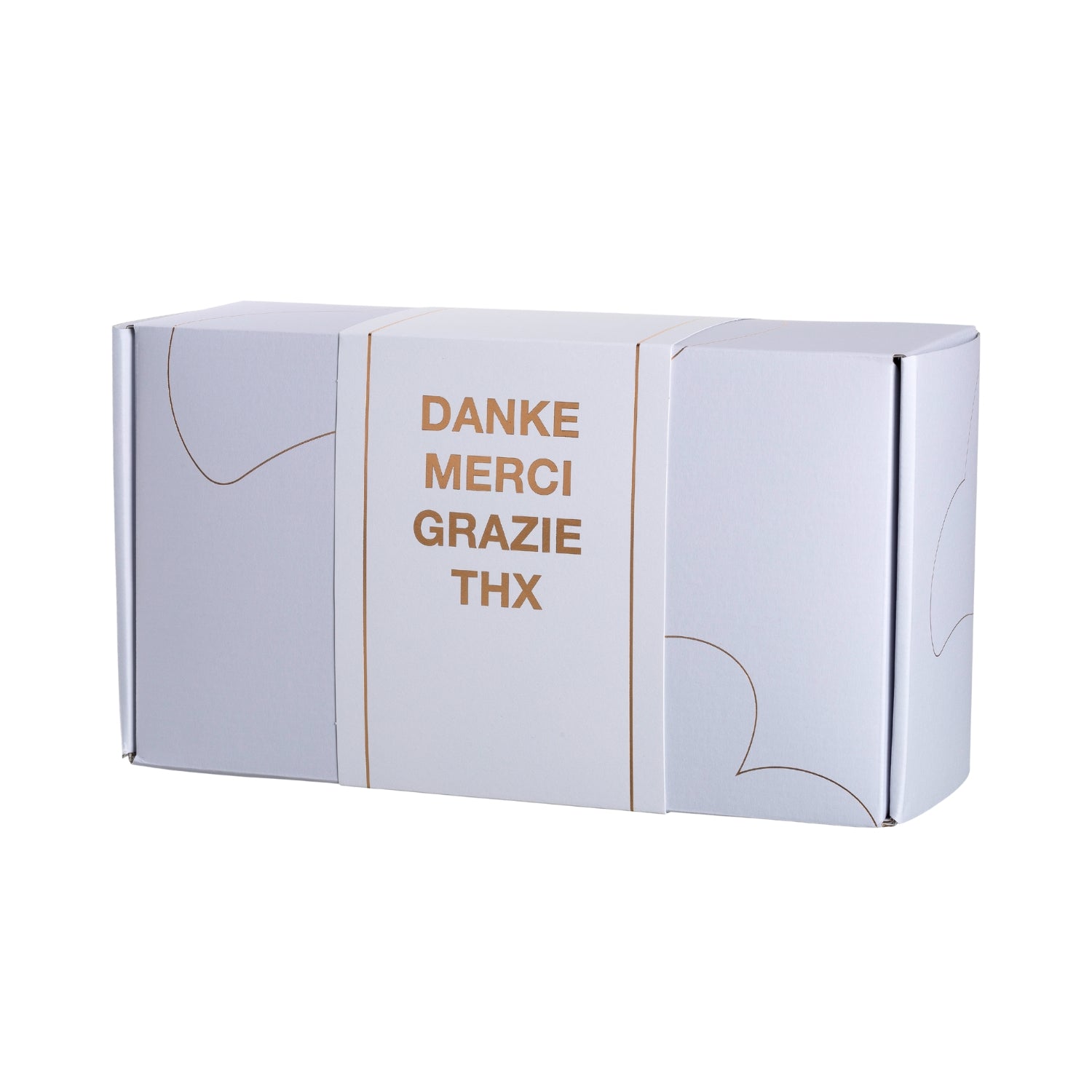 LEONARDO Geschenkbox in Weiß mit Banderole und dem Aufdruck "Danke, Merci, Grazie, THX"
