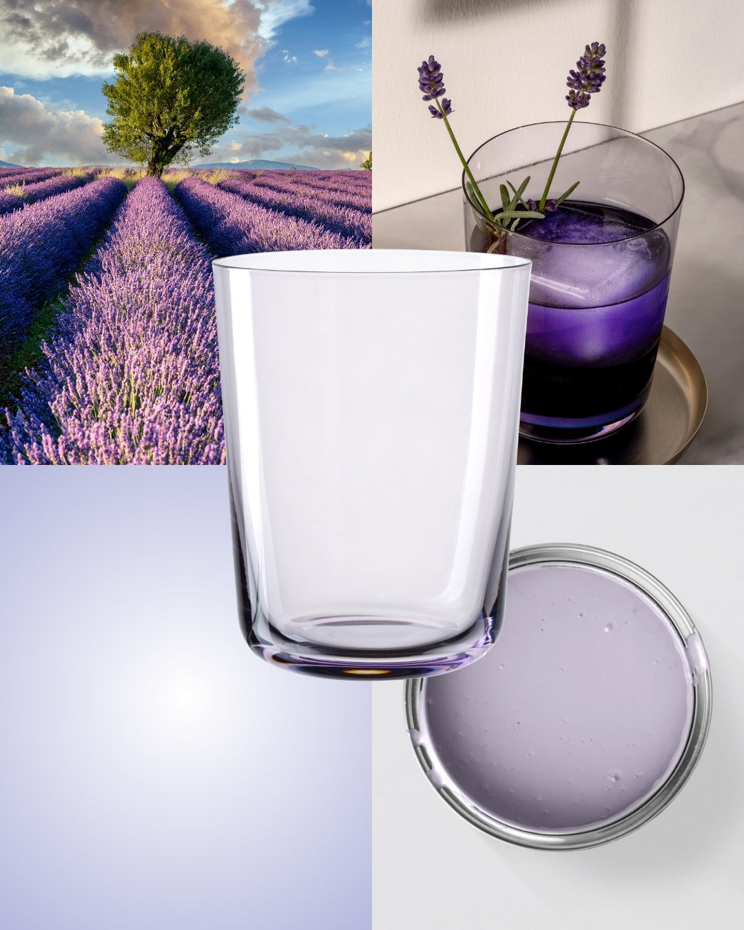 Collage in Violett: Lavendelfeld mit Baum, lila Cocktail mit Lavendelzweigen und eine Schale mit cremiger lila Masse. Zentral davor ein transparentes Glas mit zart violettem Schimmer am Boden.