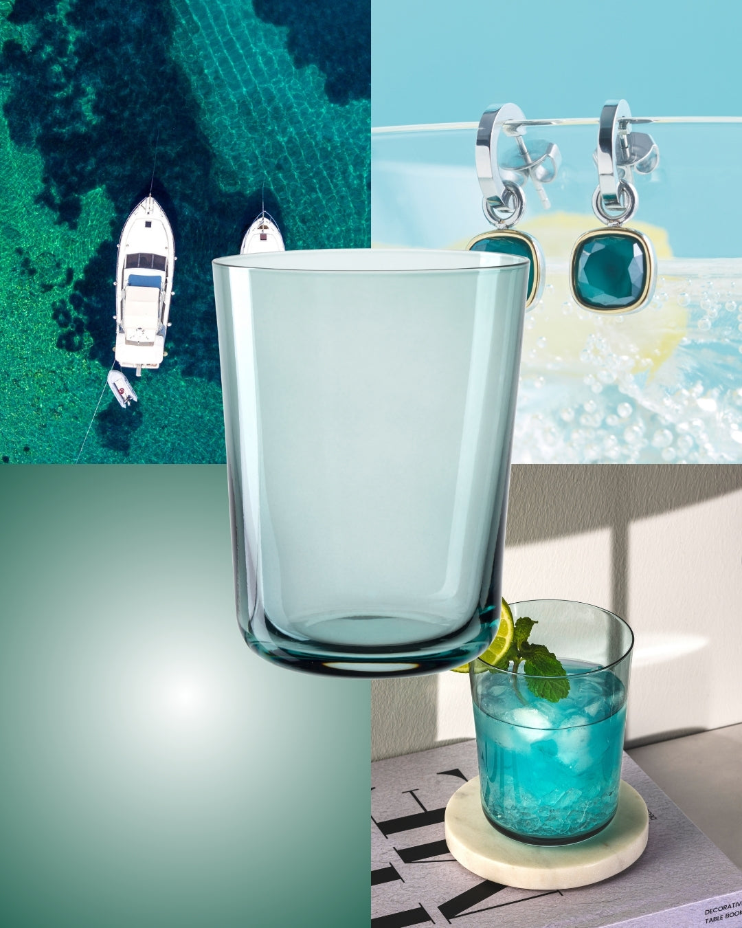 Collage in Türkis: Luftaufnahme eines Bootes im klaren Meer, türkisfarbene Edelstein-Ohrringe und ein Cocktail mit Limette und Minze. In der Mitte ein schlichtes Trinkglas mit leicht grünlich-blauem Farbton.