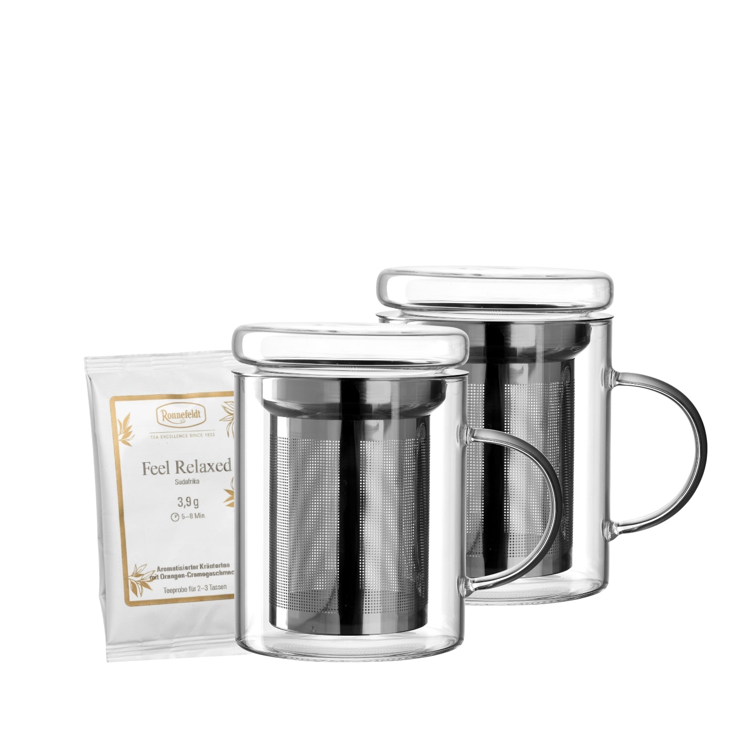 2 Teegläser mit Deckel inkl. Sieb + Tee