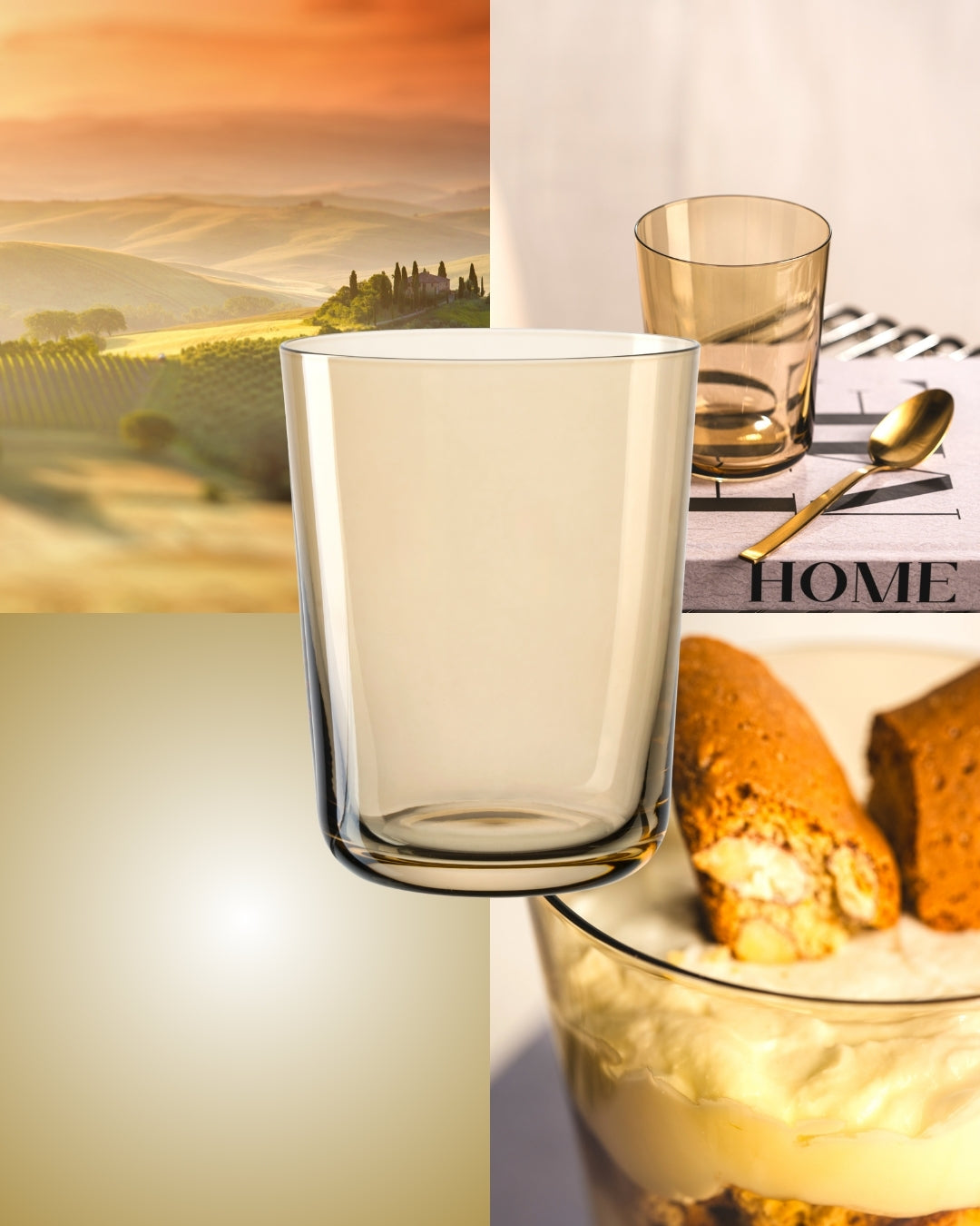 Collage in warmem Gold: Hügellandschaft bei Sonnenuntergang, goldfarbenes Glas auf einem Buch und Dessert im Glas. In der Mitte ein transparentes Trinkglas mit sanft goldener Tönung.