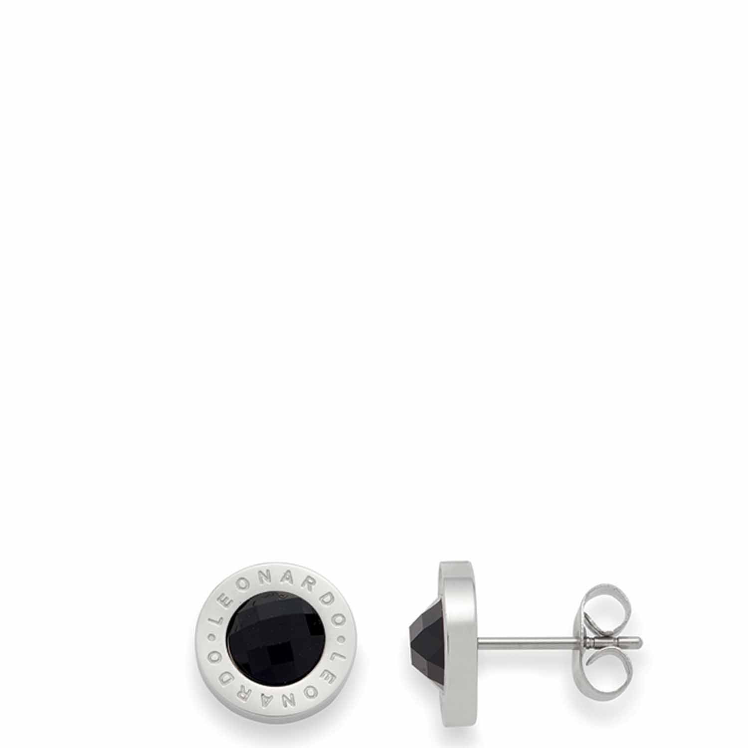 Ohrstecker MATRIX schwarz, Vorderansicht und Seitenansicht, mit schwarzem Glaseinsatz und Gravur