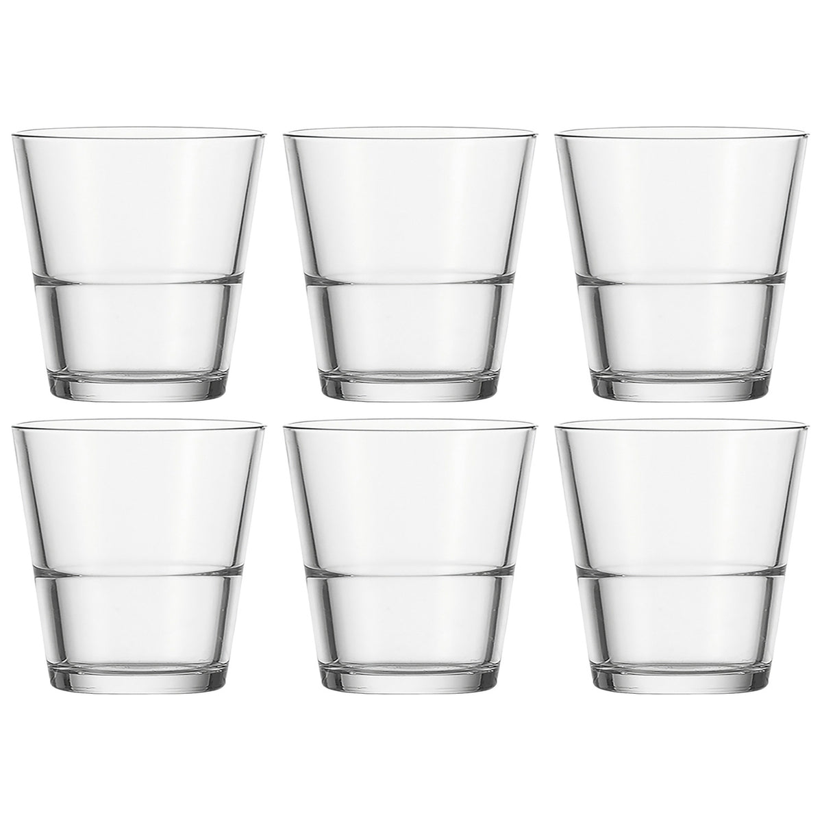 Sechs klare Trinkgläser EVENT 280 ml in zwei Reihen angeordnet