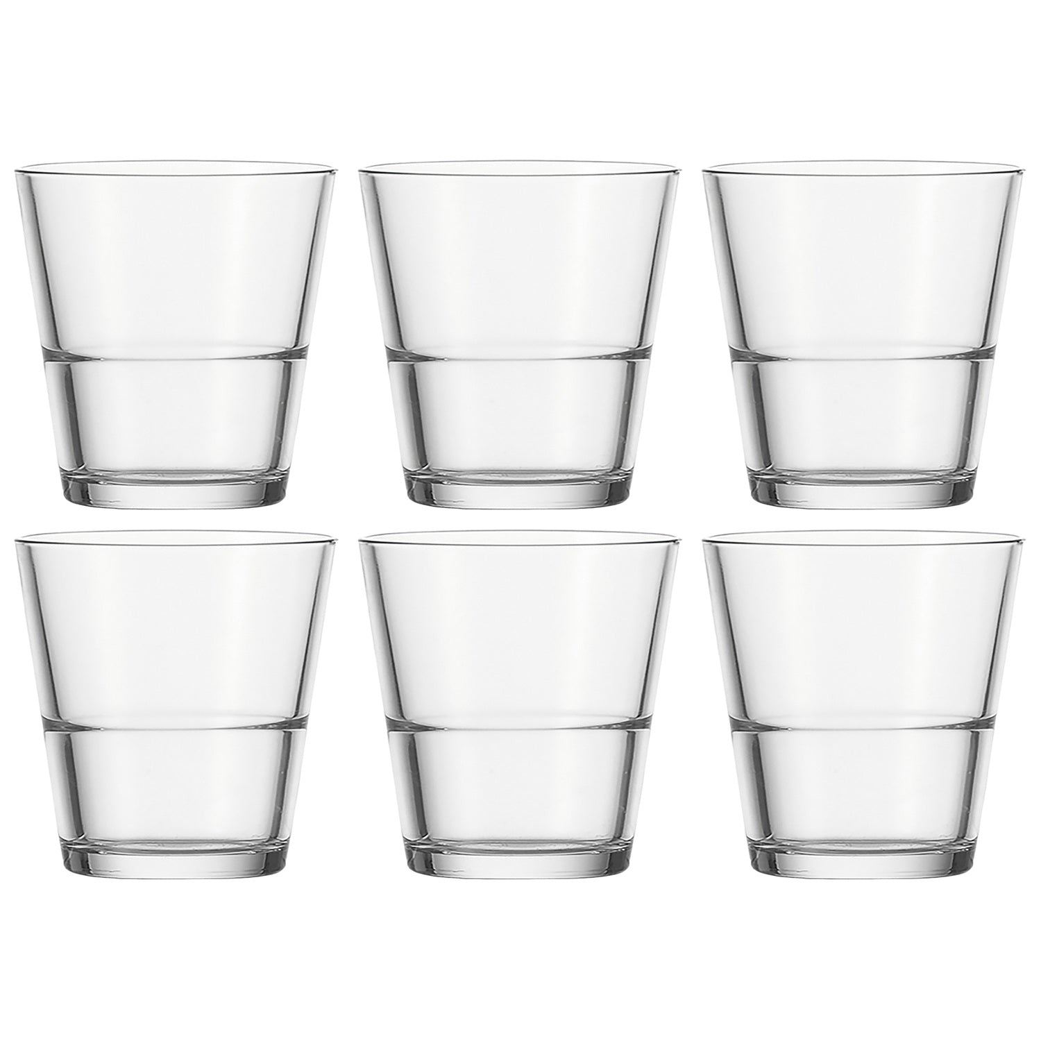 Sechs klare Trinkgläser EVENT 280 ml in zwei Reihen angeordnet