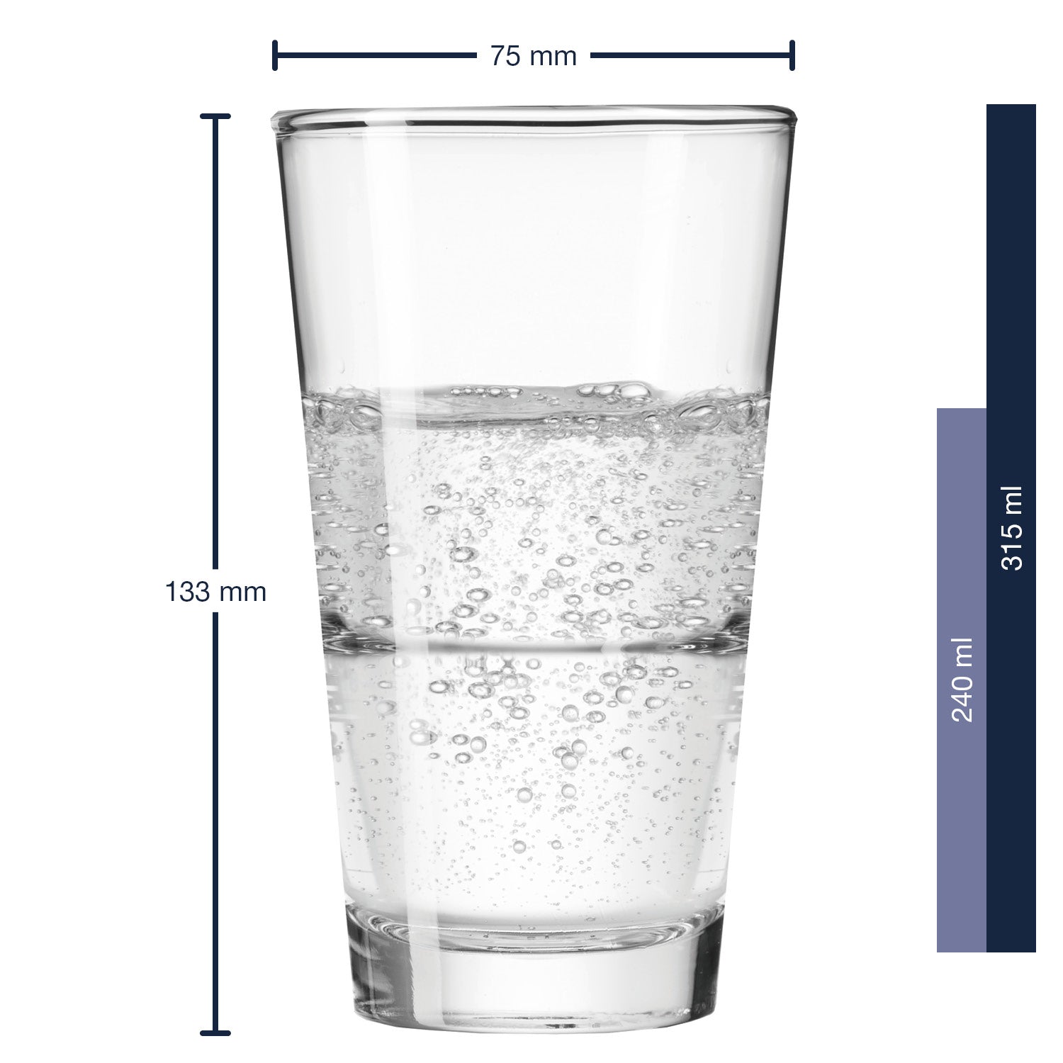 Trinkglas EVENT 330 ml mit Wasser und Maßstab, Dimensionen 133 mm Höhe, 75 mm Breite