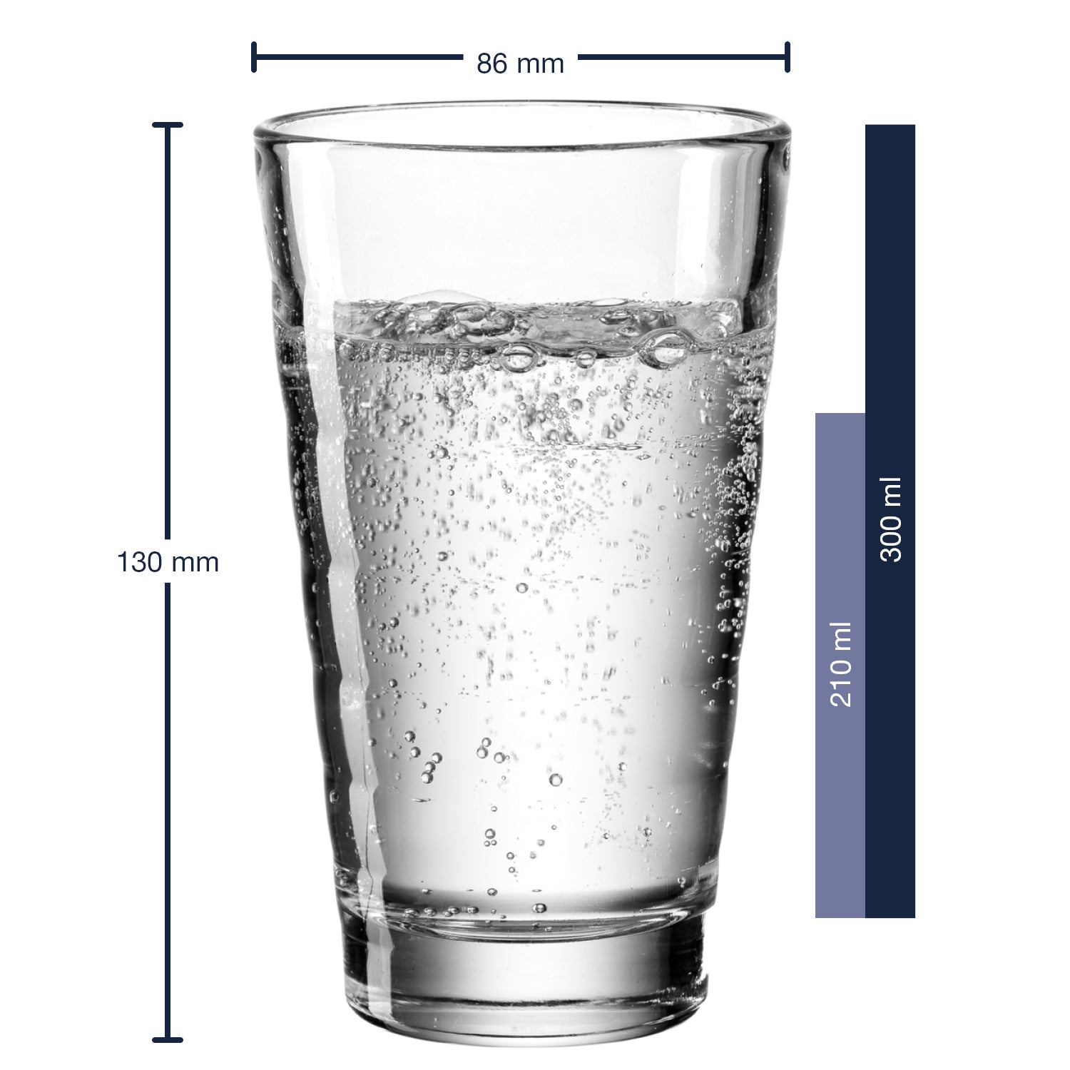 Massangaben zum Becherset ONDA 12-teilig mit Wasser gefüllter Becher