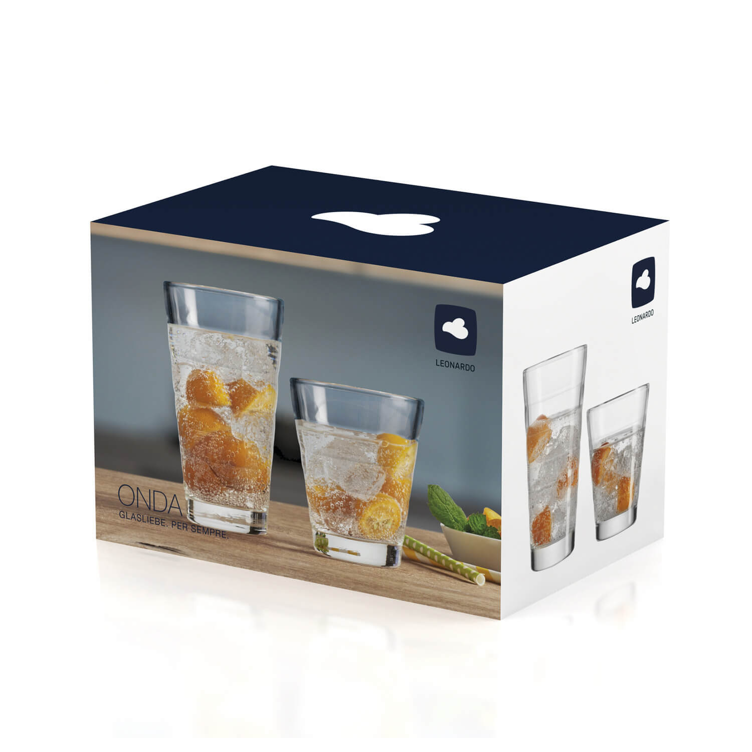 Becherset ONDA 12-teilig in Verpackung mit Gläsern und Getränken