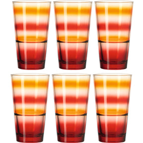 Sechs Trinkgläser EVENT 330 ml rot gestreift im 6er-Set, gefüllt mit roter und orangefarbener Flüssigkeit