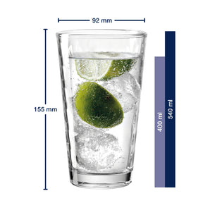 Trinkglas OPTIC 540 ml mit Limonenscheiben und Eis gefüllt, Massangaben