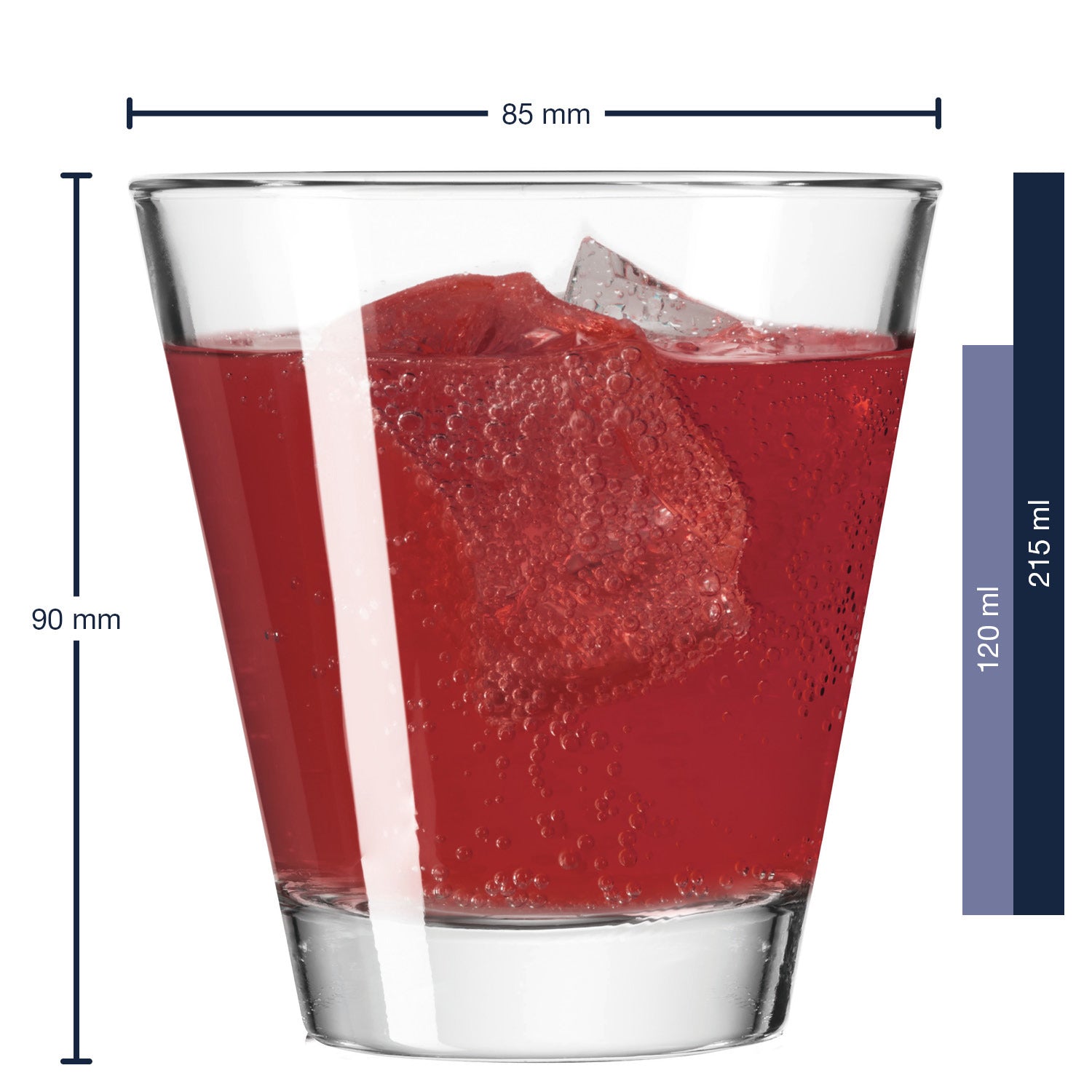 Massangaben zum Trinkglas CIAO 215 ml mit rotem Getränk und Eiswürfeln