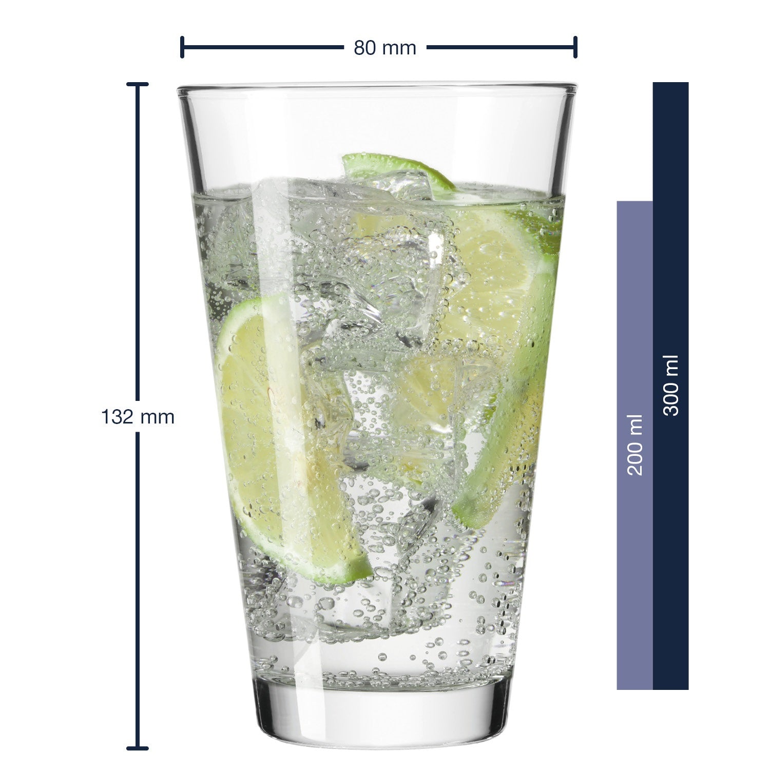 Massangaben zum Trinkglas CIAO 300 ml mit Limettenscheiben und Eiswürfeln gefüllt
