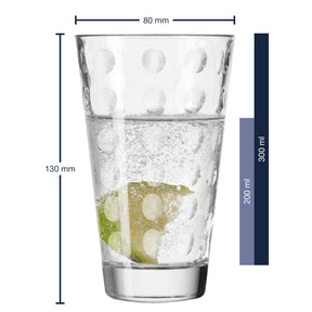 Massangaben zum Trinkglas OPTIC 300 ml mit Zitronenscheibe und Wasser gefüllt
