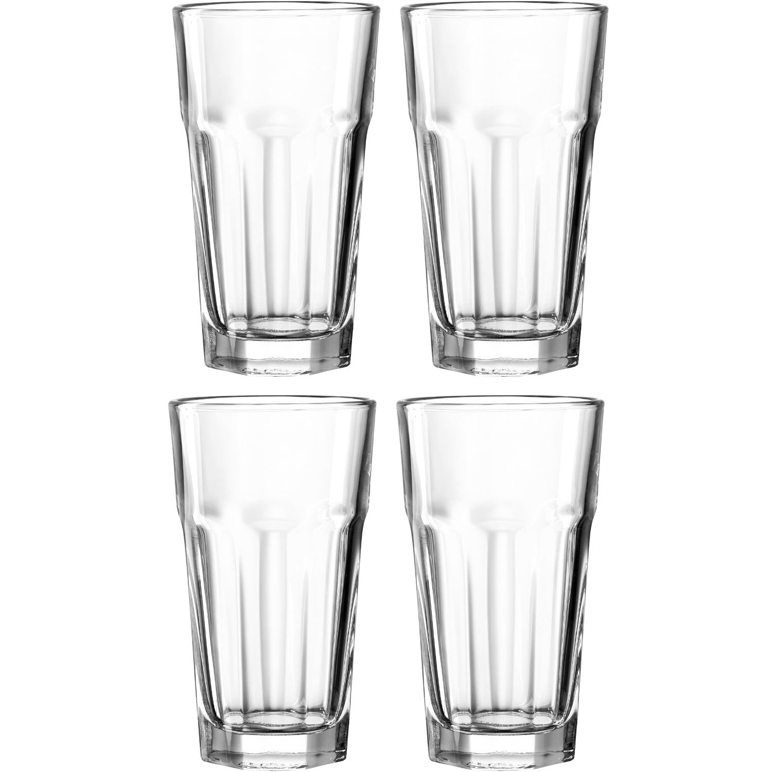 Vier klare Longdrinkgläser ROCK 540 ml in 2x2 Anordnung, Frontalansicht