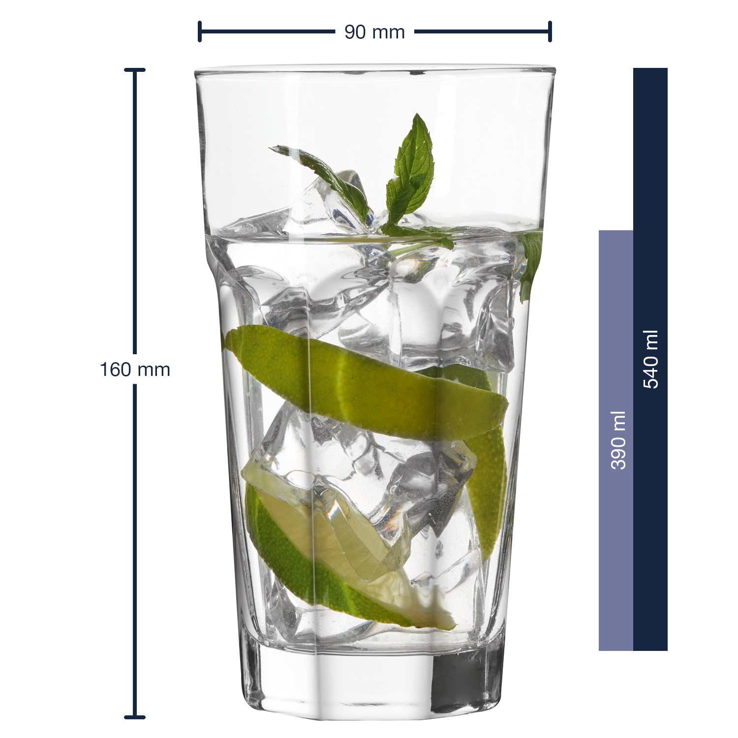 Longdrinkglas ROCK 540 ml mit Eiswürfeln, Limettenscheiben und Minze, Massangaben