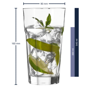 Longdrinkglas ROCK 540 ml mit Eiswürfeln, Limettenscheiben und Minze, Massangaben