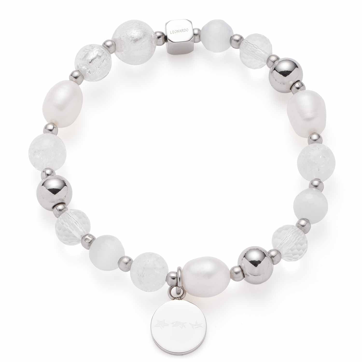 Armband HOPE mit weißen Perlen und silbernen Metallperlen, Anhänger mit Gravur