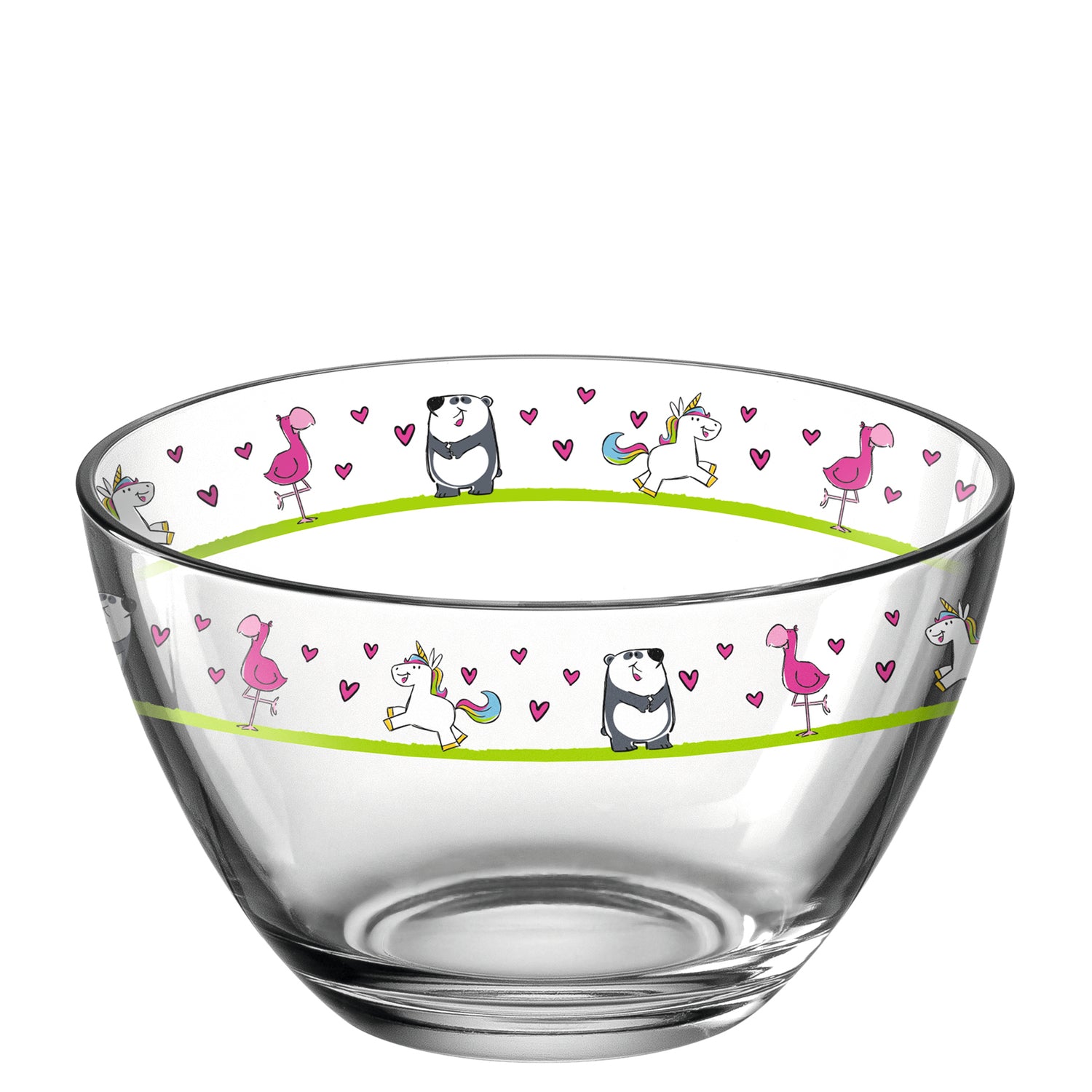 Glassschale BAMBINI mit Flamingo-, Einhorn- und Pandamotiven sowie Herzen
