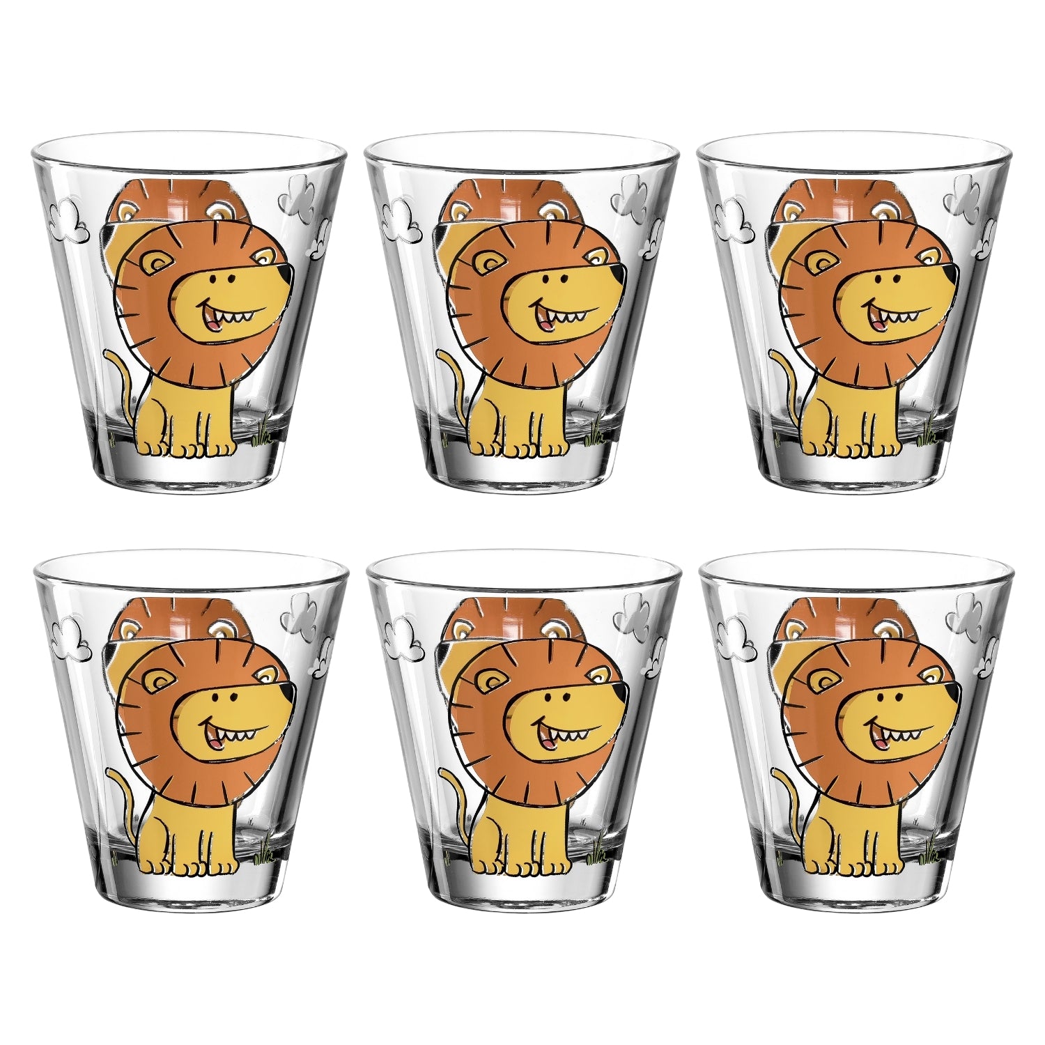 Sechs Trinkgläser BAMBINI mit orangem Löwenmotiv im 6er-Set