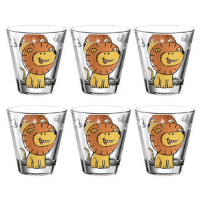 Sechs Trinkgläser BAMBINI mit orangem Löwenmotiv im 6er-Set