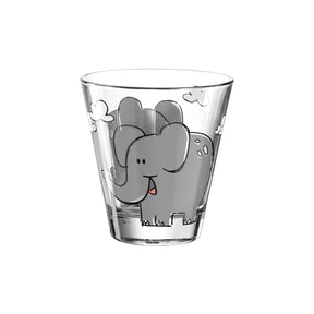 Trinkglas BAMBINI mit grauer Elefant-Illustration und Details auf weißem Hintergrund