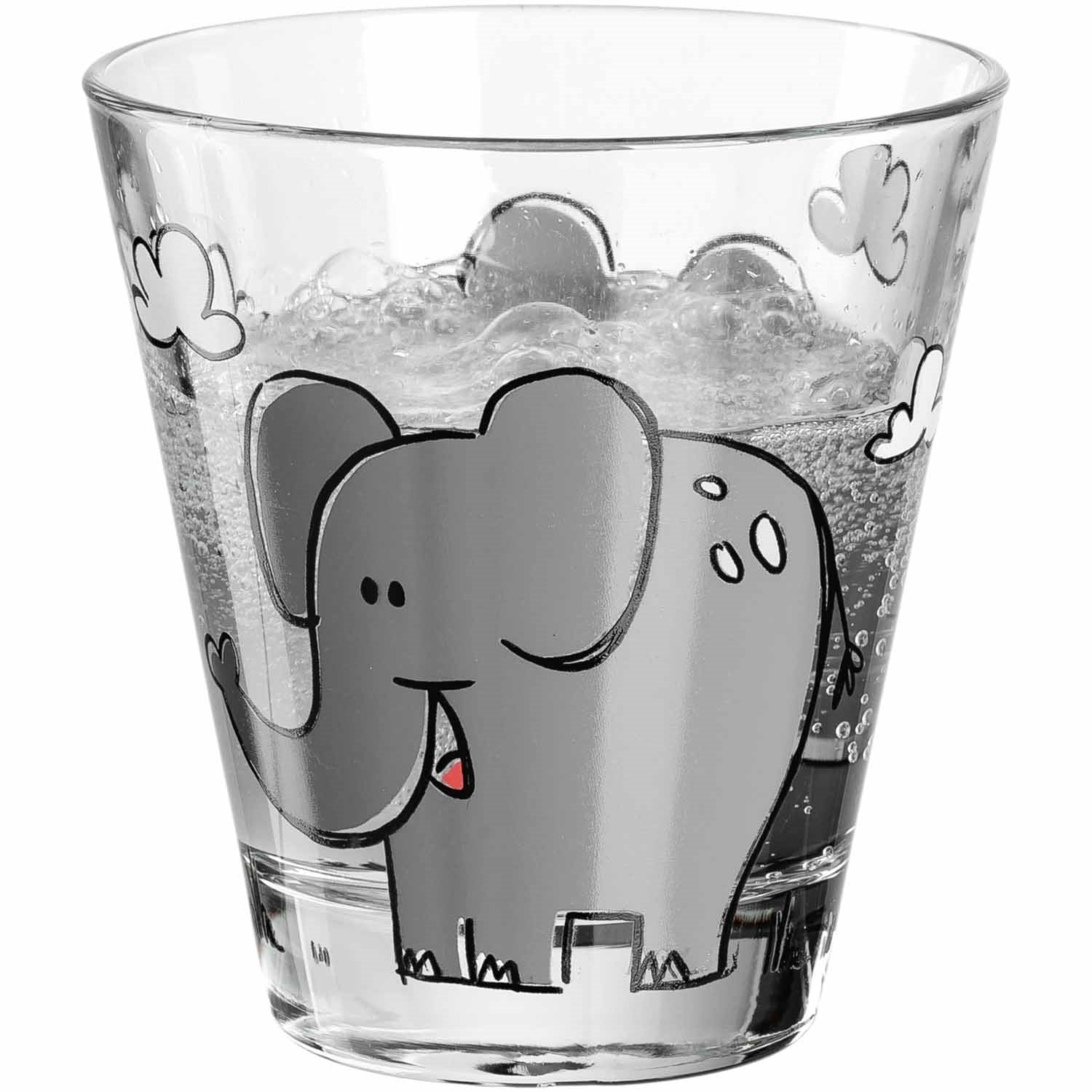 Trinkglas BAMBINI mit Elefantenmotiv, teilweise mit Wasser gefüllt