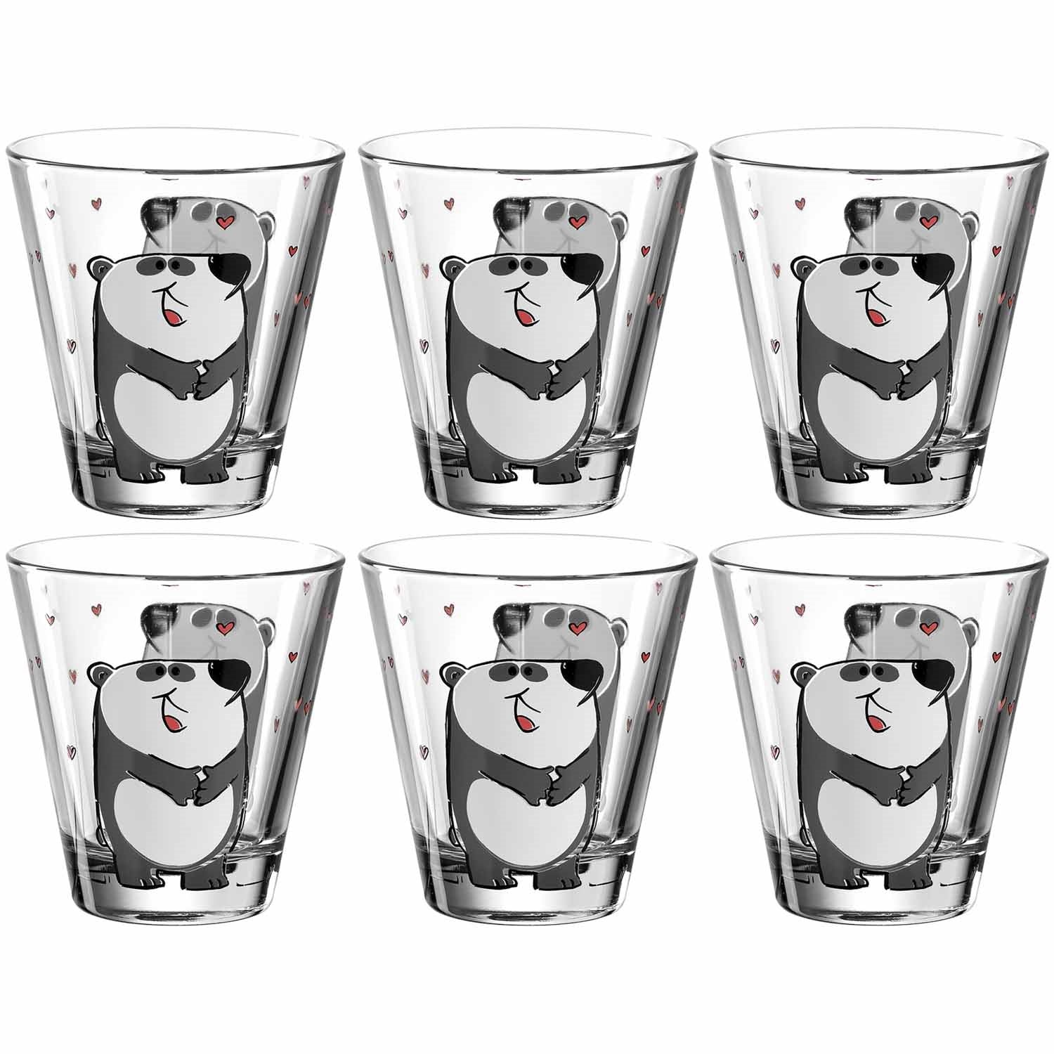 Sechs Trinkgläser BAMBINI mit Panda-Motiv in zwei Reihen angeordnet