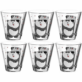 Sechs Trinkgläser BAMBINI mit Panda-Motiv in zwei Reihen angeordnet
