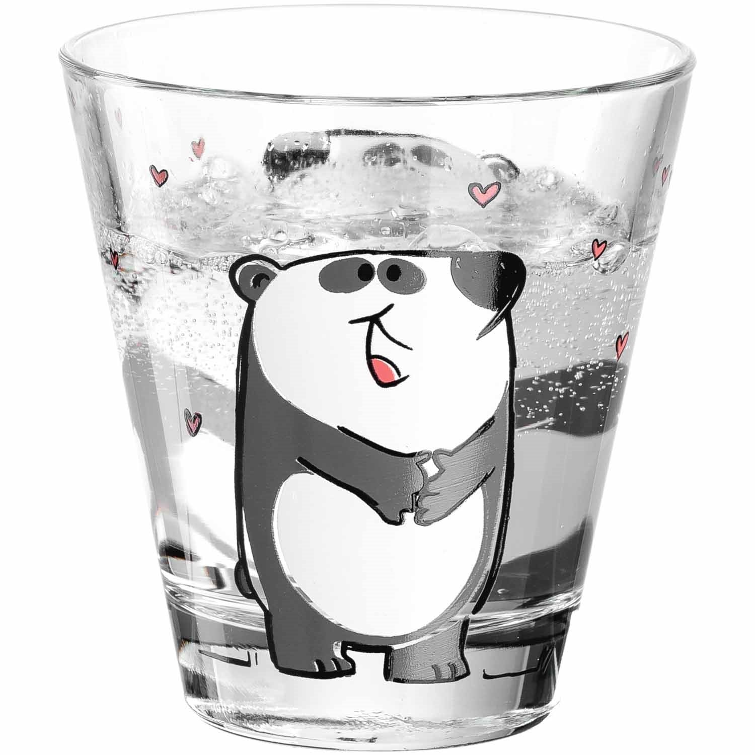 Trinkglas BAMBINI mit Panda-Motiv, teilweise mit Wasser gefüllt